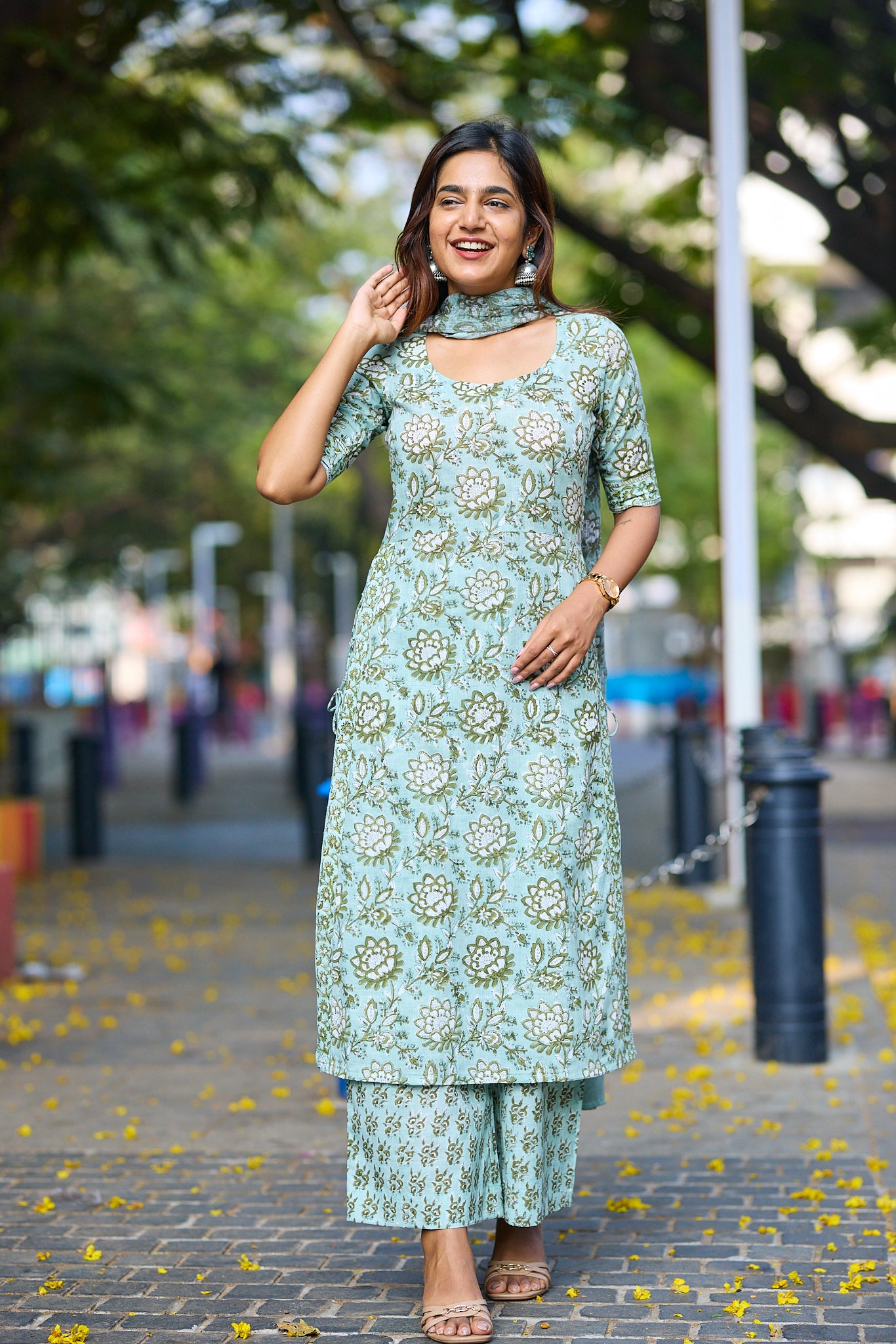 Soft Pastel Sage Green With Floral Block Print Cotton Salwar suit set with Kota Dupatta