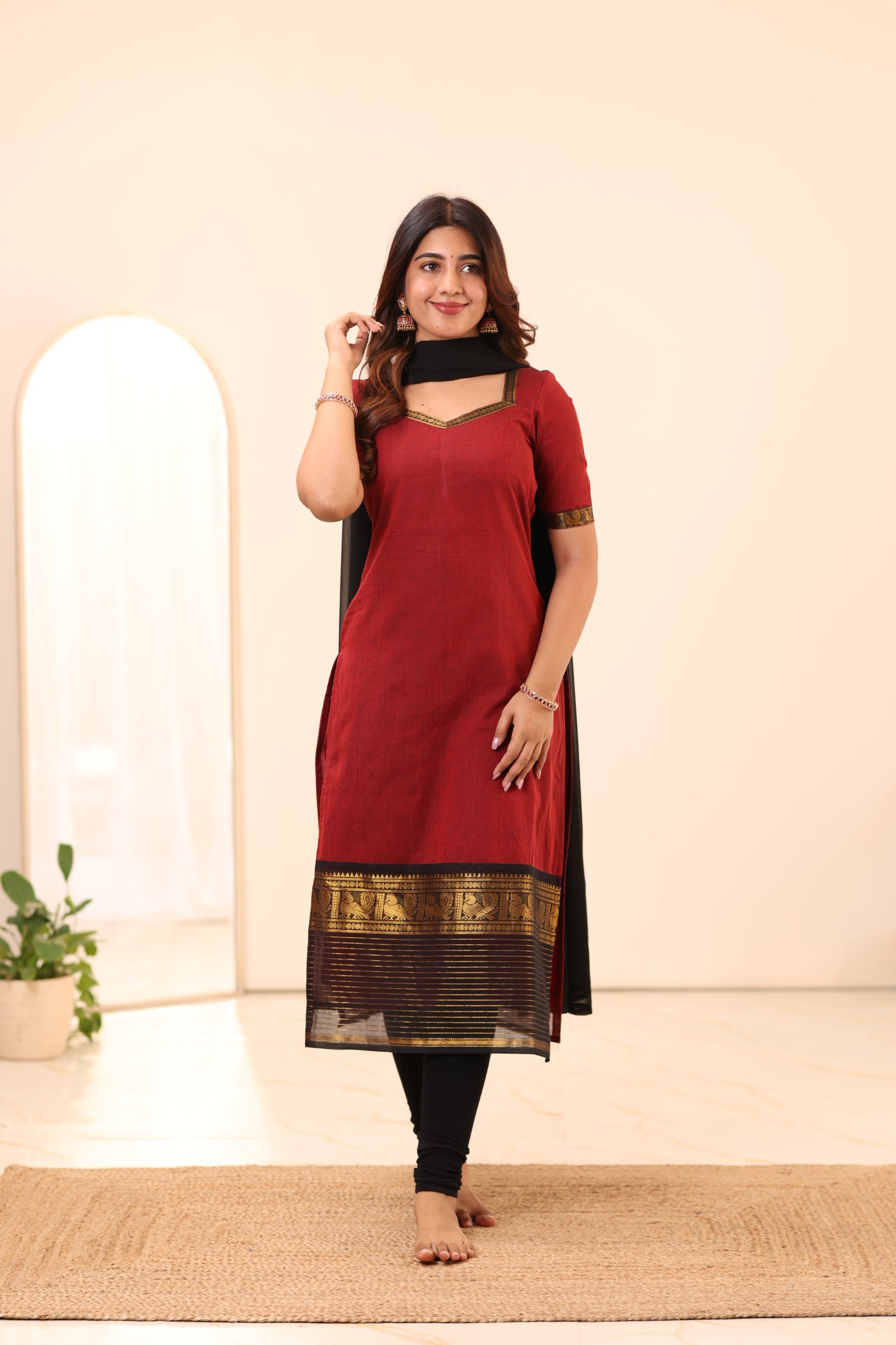 Brick Red with Black Chettinad Cotton Top and Dupatta