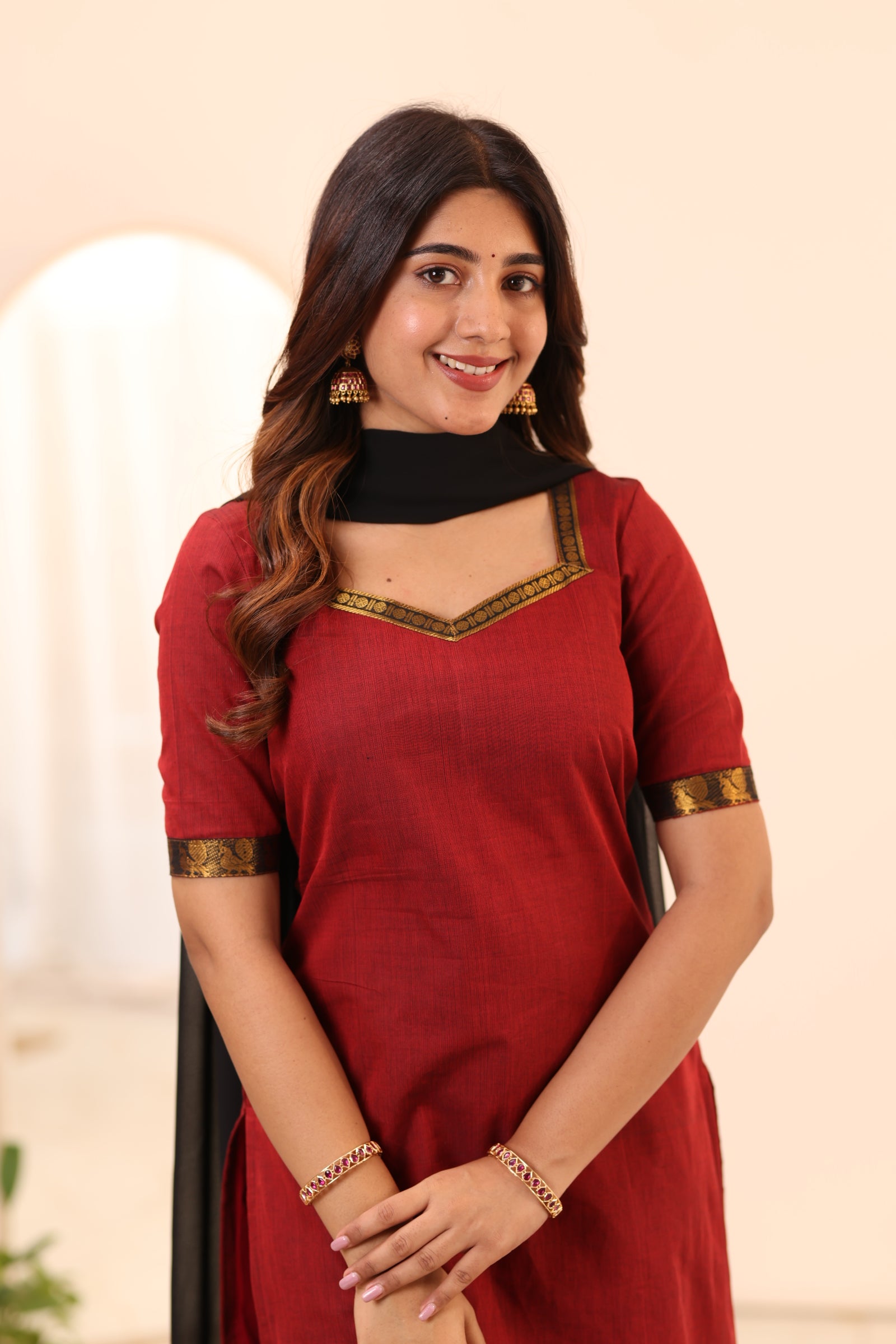 Brick Red with Black Chettinad Cotton Top and Dupatta