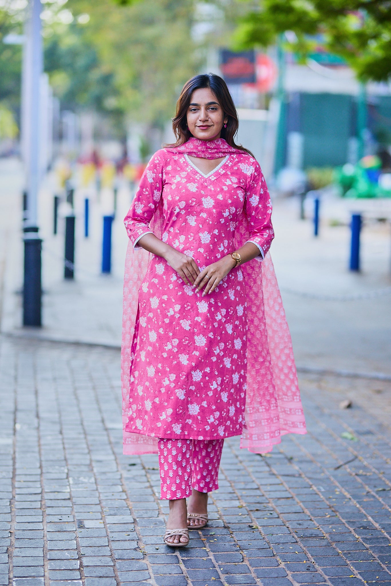 Candy Pink with White Floral Block Print Cotton Salwar Suit Set with Kota Dupatta