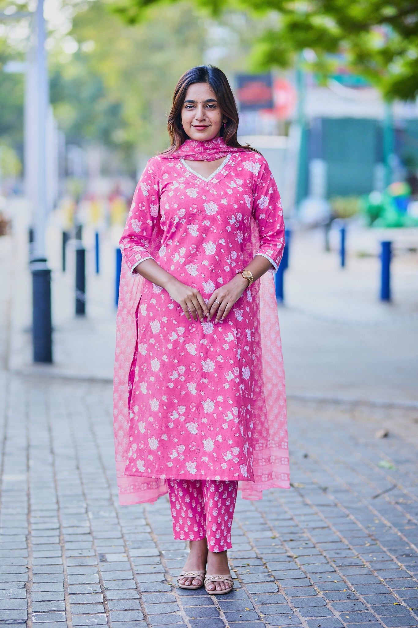 Candy Pink with White Floral Block Print Cotton Salwar Suit Set with Kota Dupatta