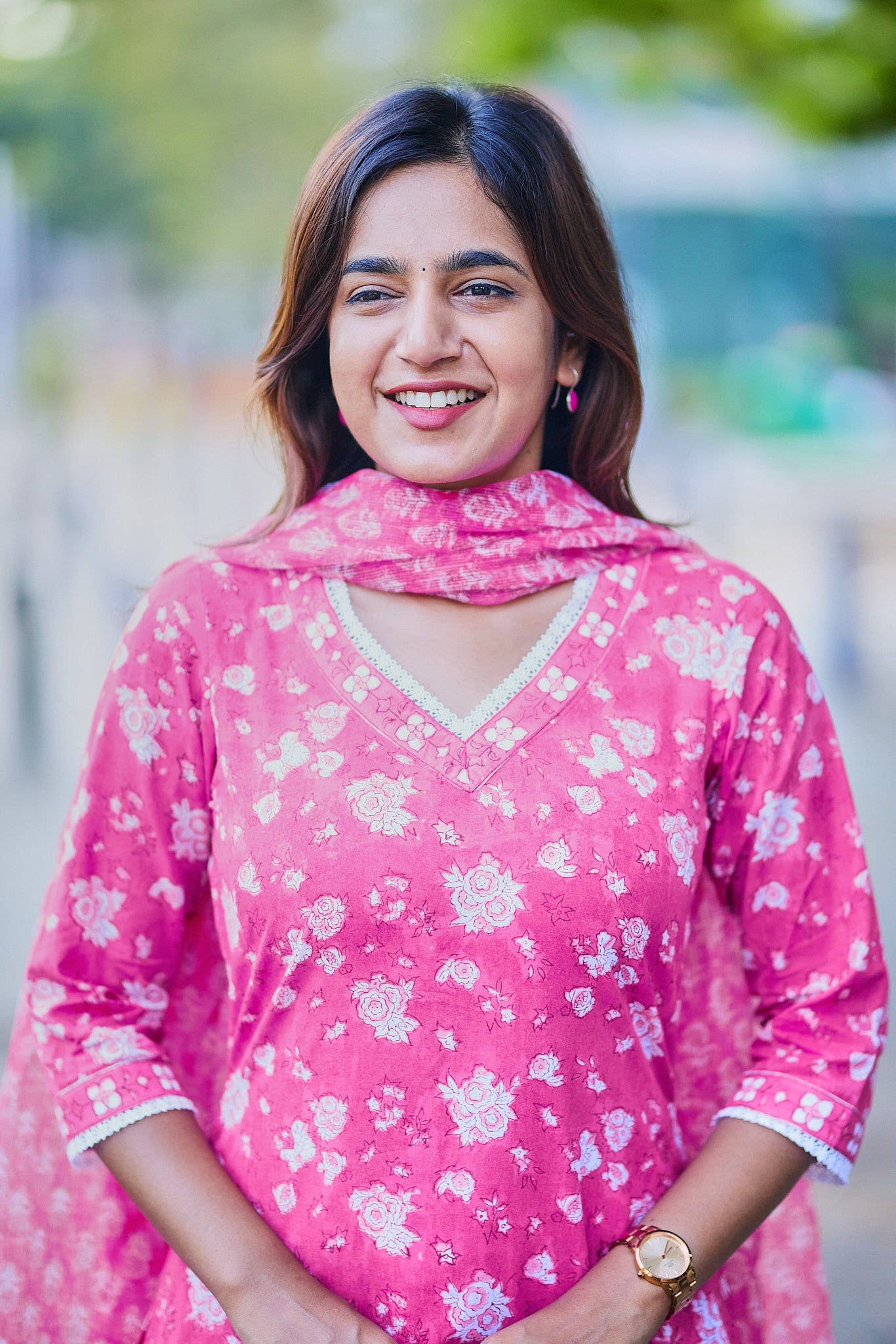 Candy Pink with White Floral Block Print Cotton Salwar Suit Set with Kota Dupatta