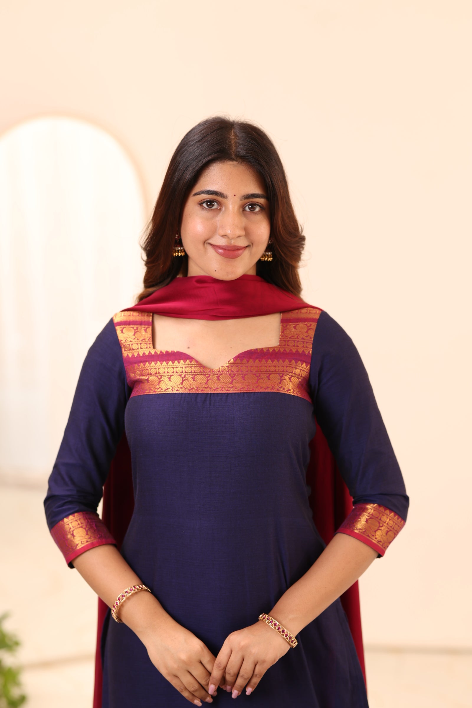 Navy Blue with Rani Pink Chettinad Cotton Top and Dupatta