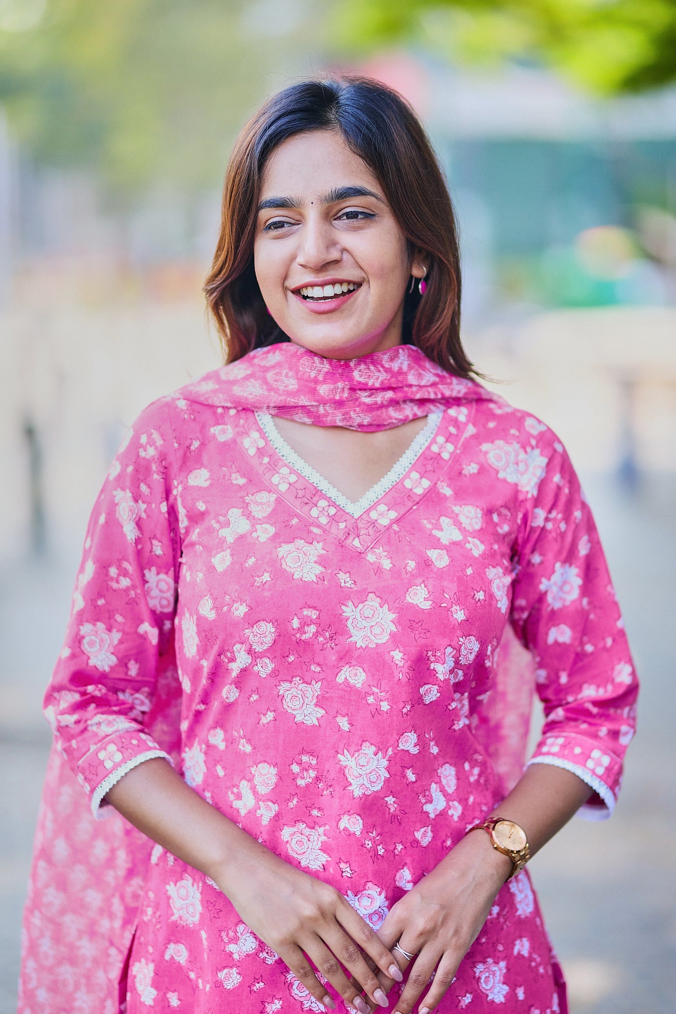 Candy Pink with White Floral Block Print Cotton Salwar Suit Set with Kota Dupatta