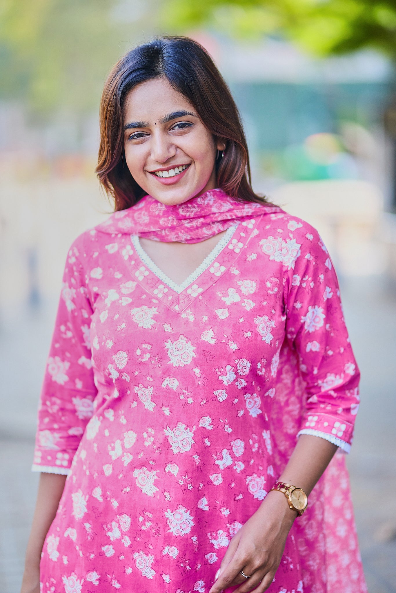 Candy Pink with White Floral Block Print Cotton Salwar Suit Set with Kota Dupatta