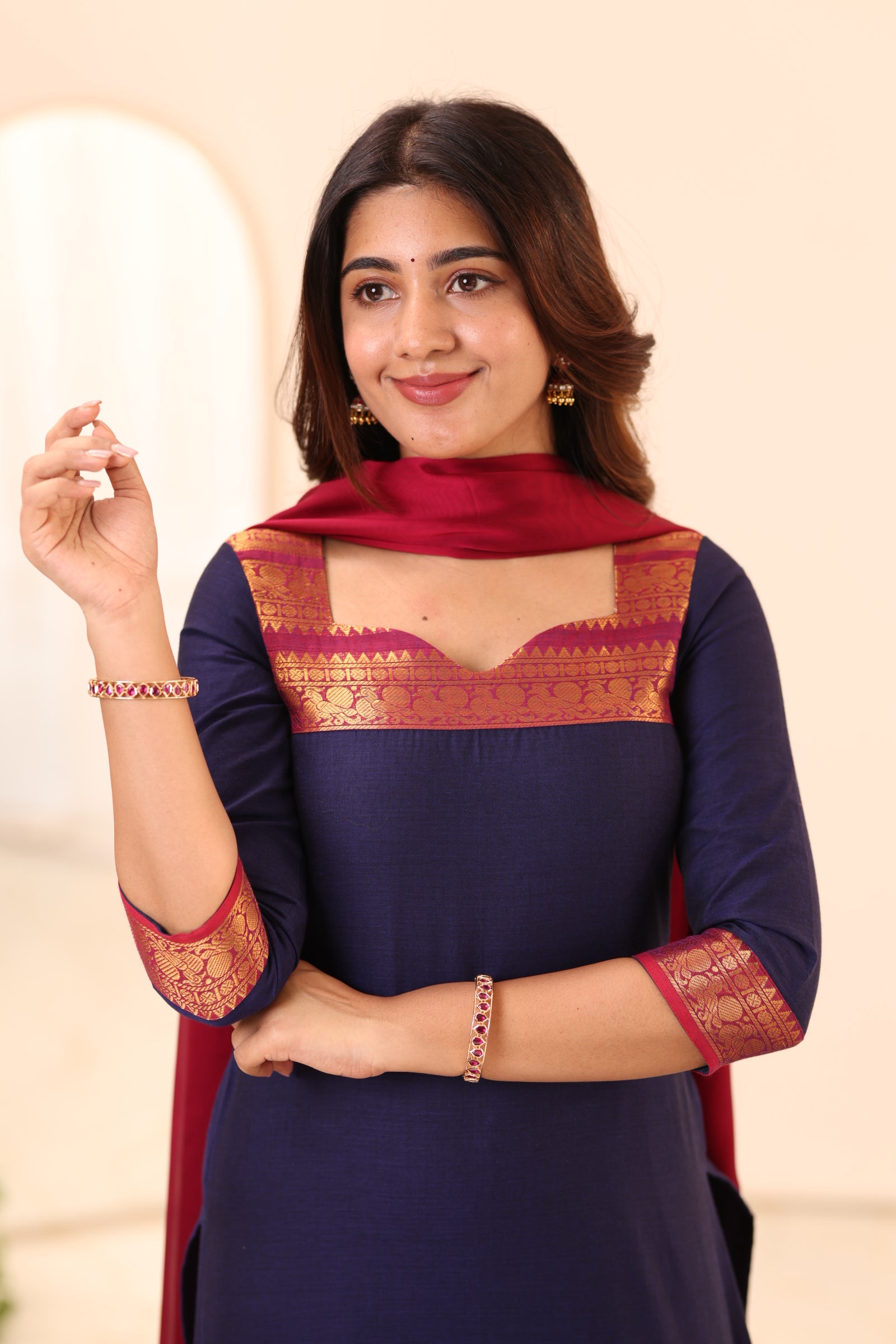 Navy Blue with Rani Pink Chettinad Cotton Top and Dupatta