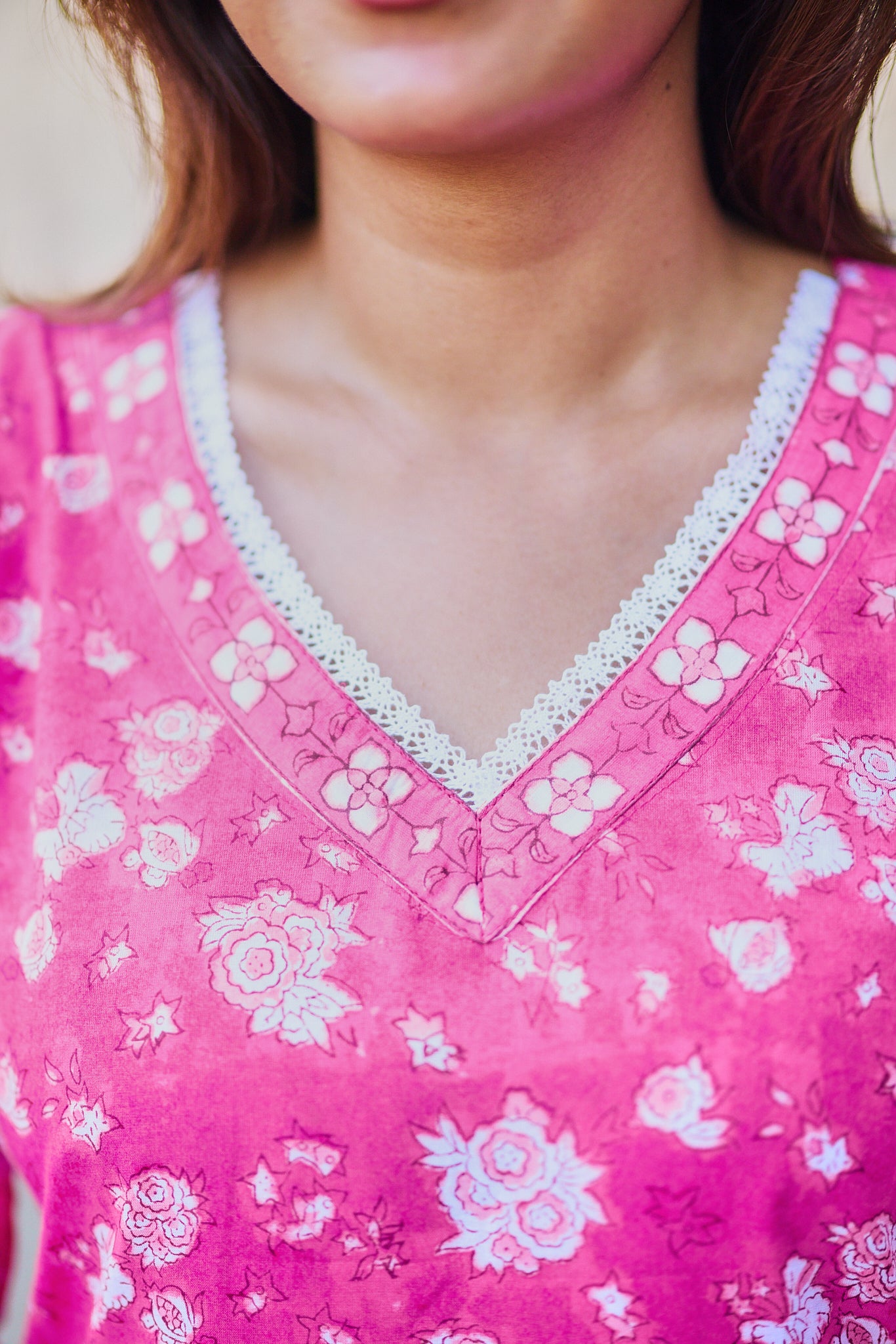 Candy Pink with White Floral Block Print Cotton Salwar Suit Set with Kota Dupatta