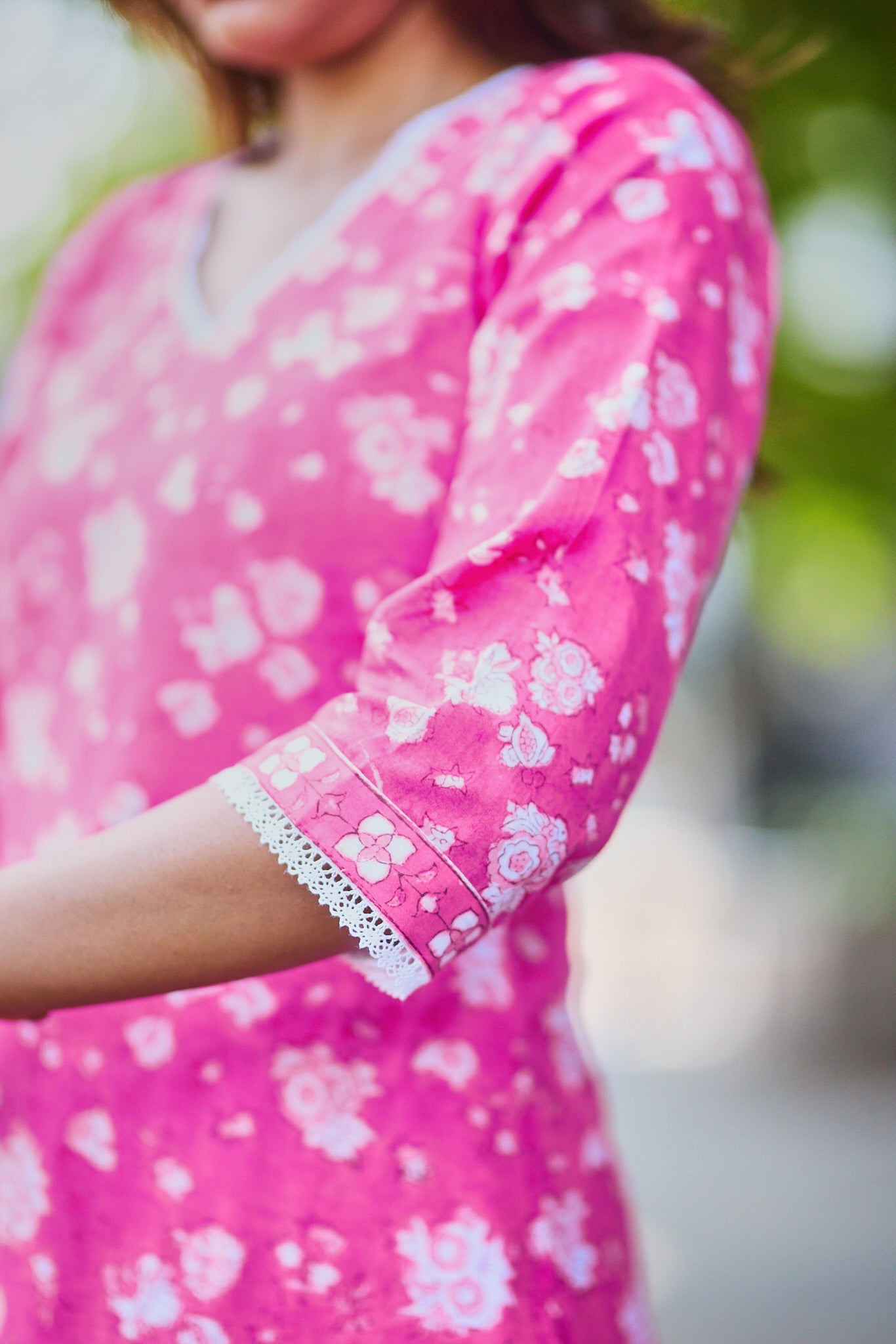 Candy Pink with White Floral Block Print Cotton Salwar Suit Set with Kota Dupatta