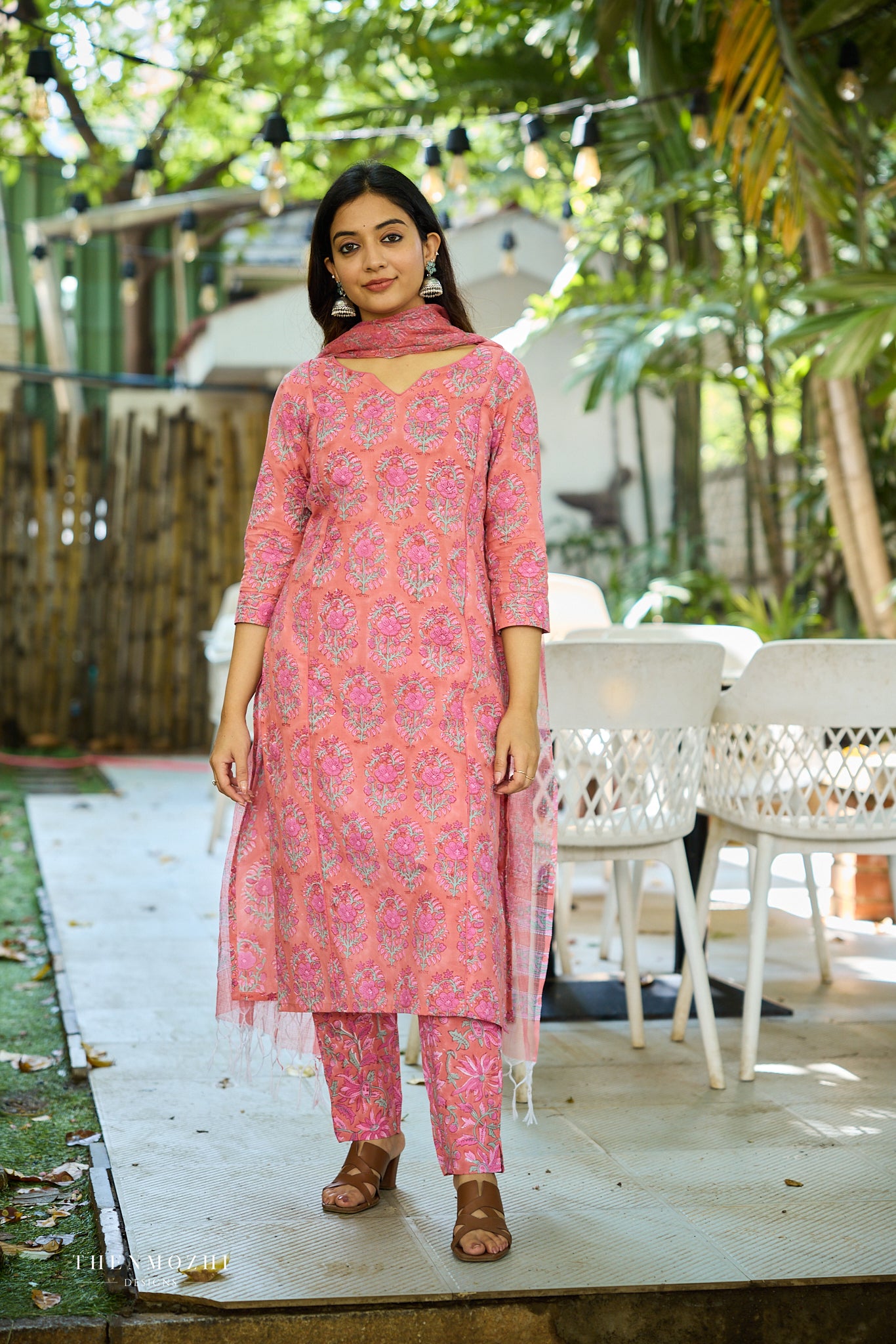 Dark peach Floral Block Printed Cotton Suit Set with Kota Dupatta