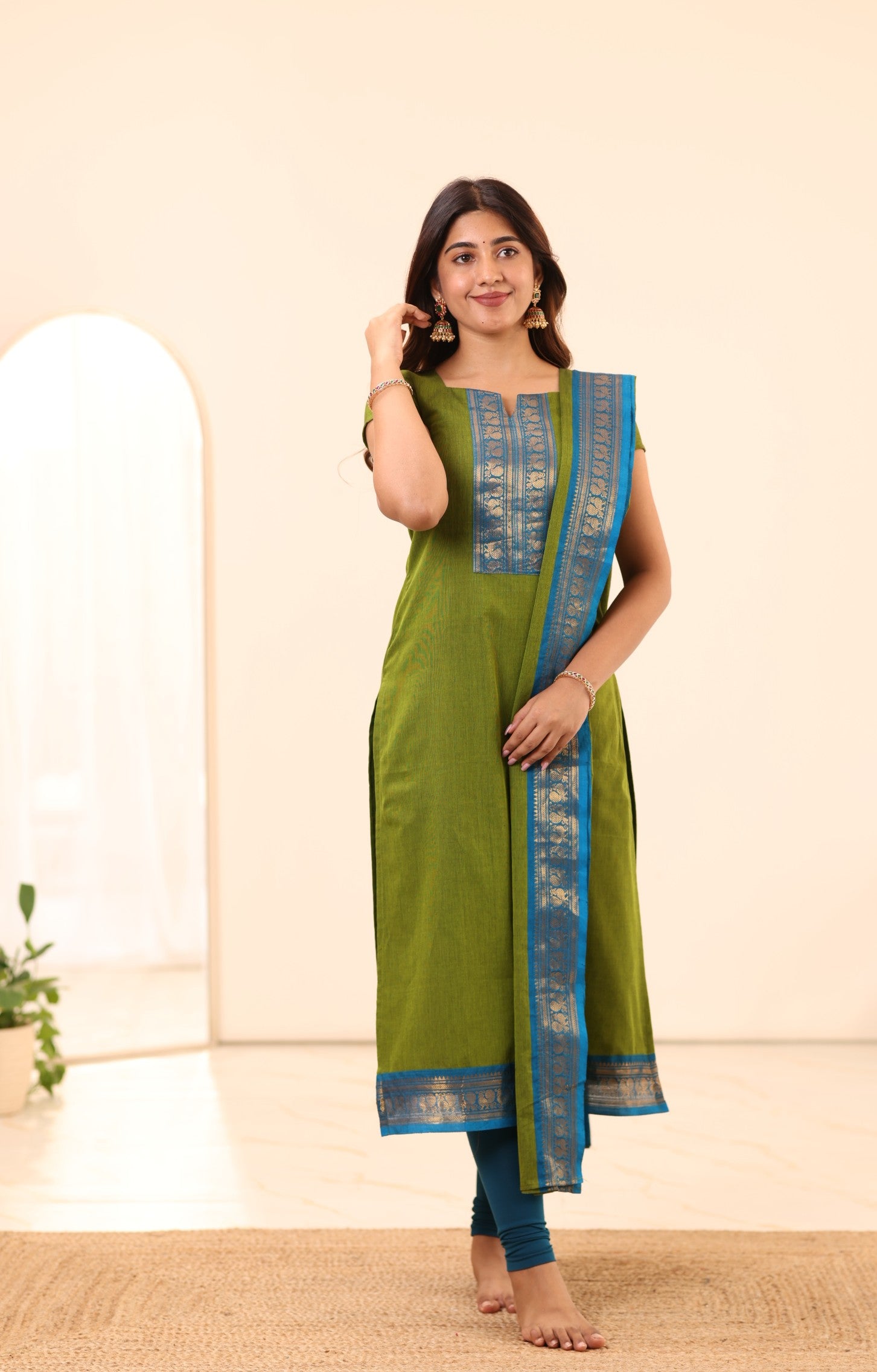 Olive Green with Turquoise Blue Chettinad Cotton Top and Dupatta