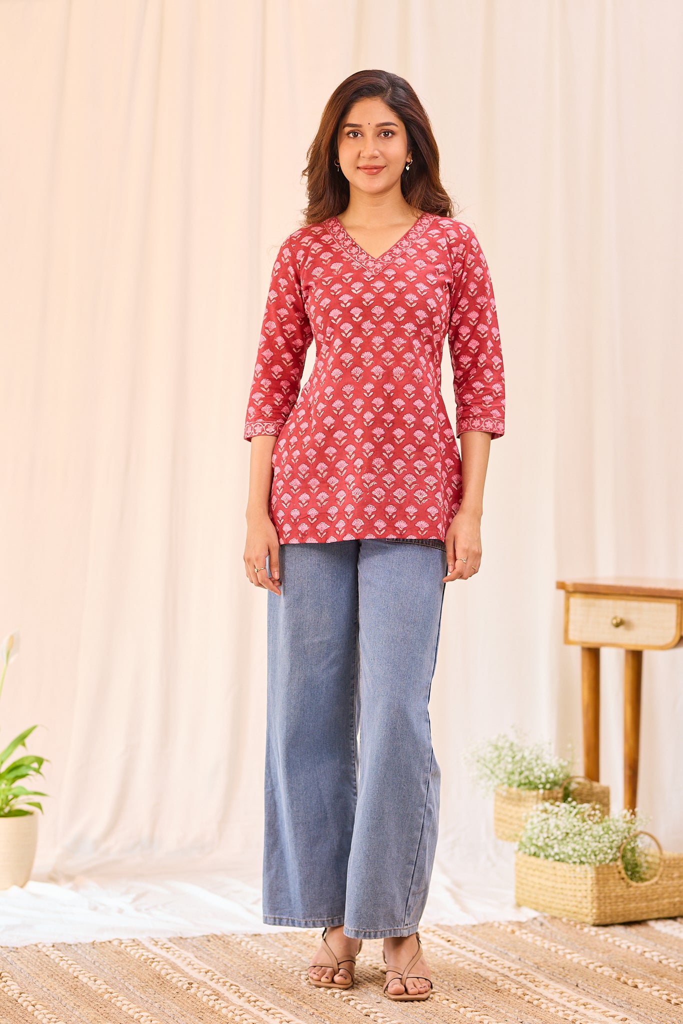 Crimson Red Printed Cotton Short Kurti