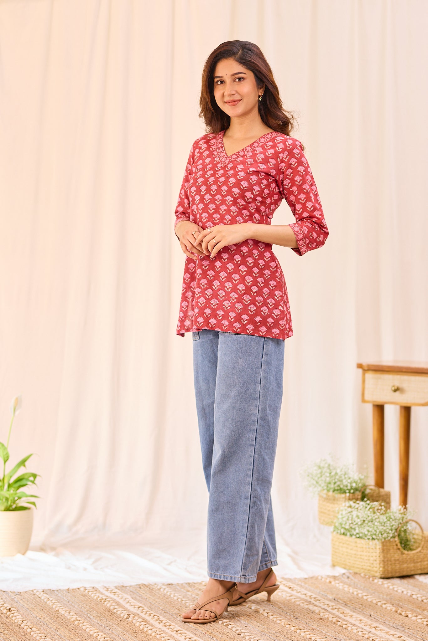 Crimson Red Printed Cotton Short Kurti