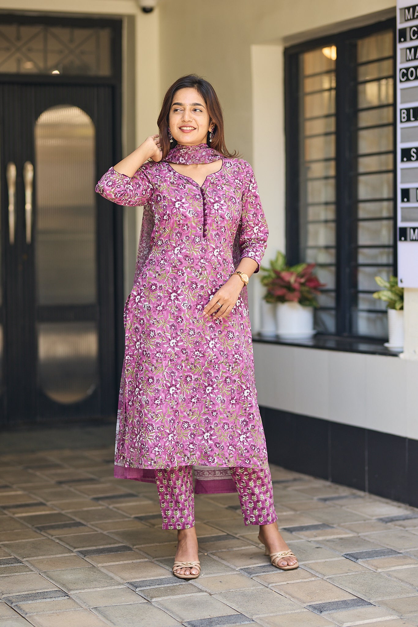 Light Megenta with Green Floral Block Print Cotton Salwar Suit with Kota Dupatta