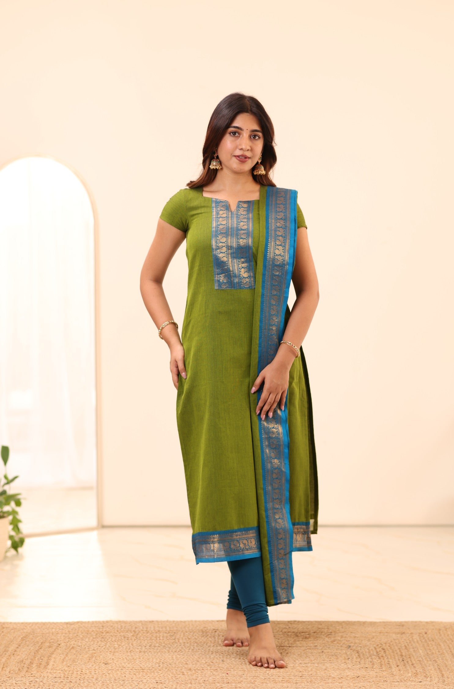 Olive Green with Turquoise Blue Chettinad Cotton Top and Dupatta