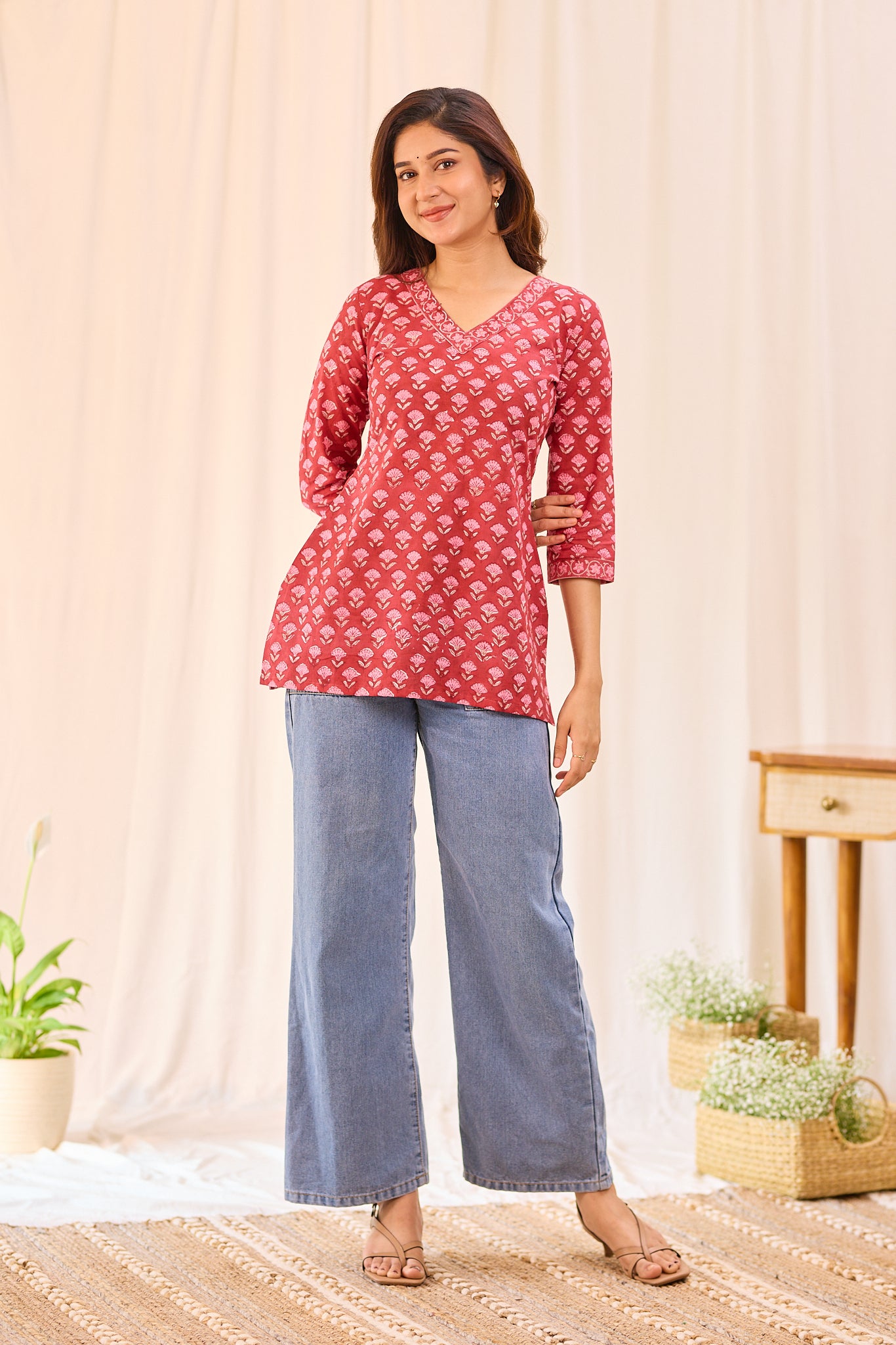 Crimson Red Printed Cotton Short Kurti