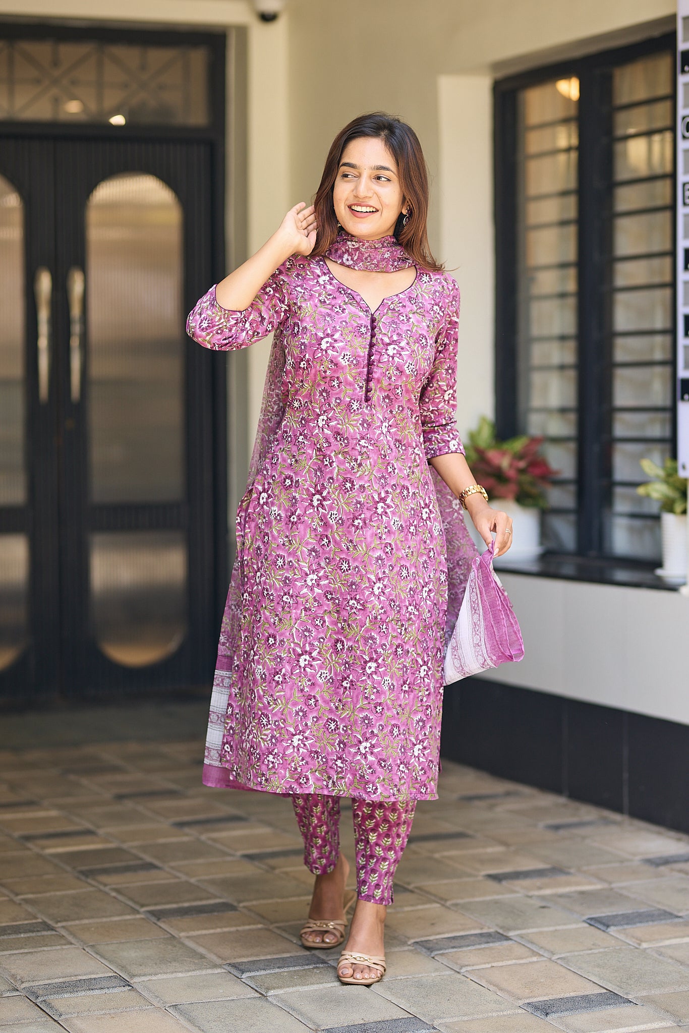 Light Megenta with Green Floral Block Print Cotton Salwar Suit with Kota Dupatta