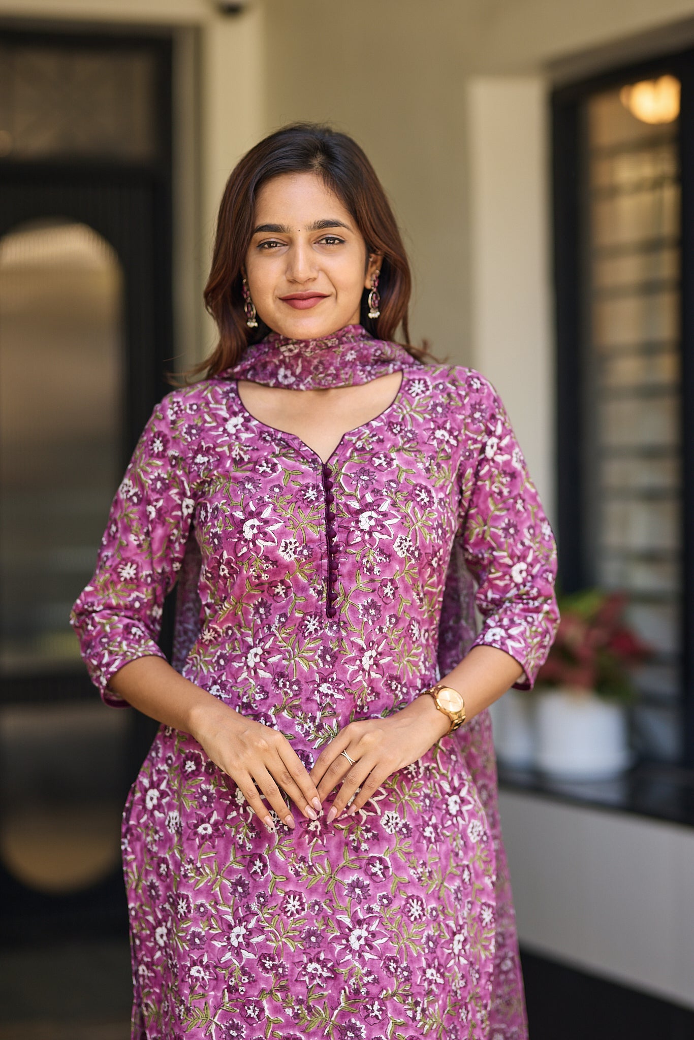 Light Megenta with Green Floral Block Print Cotton Salwar Suit with Kota Dupatta