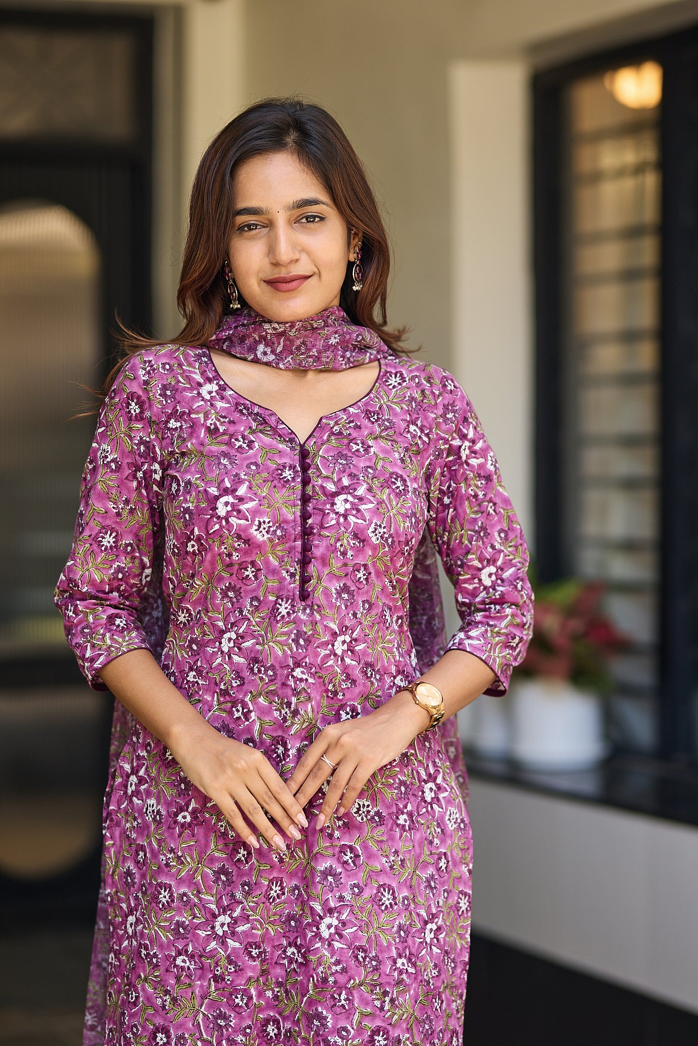 Light Megenta with Green Floral Block Print Cotton Salwar Suit with Kota Dupatta