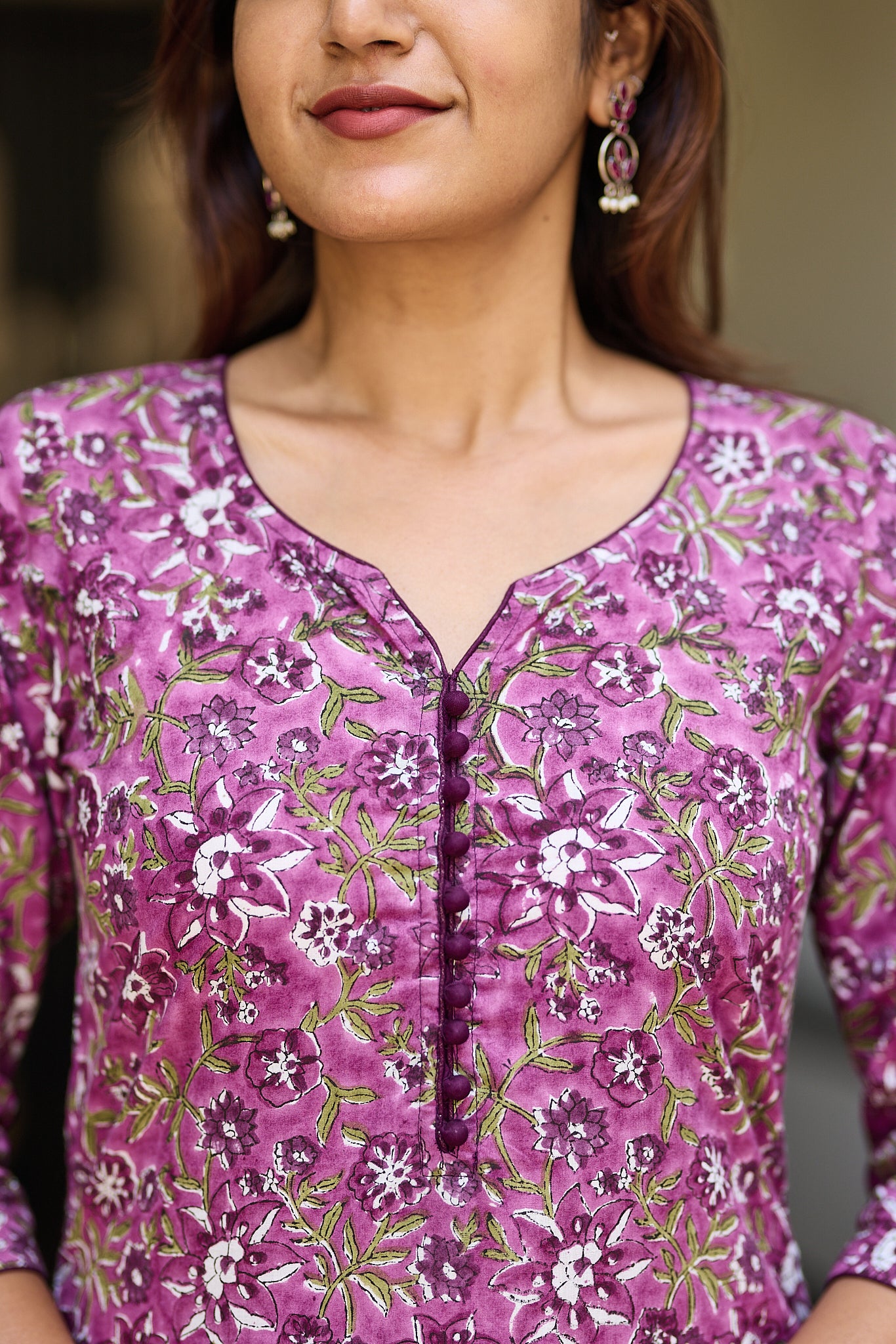 Light Megenta with Green Floral Block Print Cotton Salwar Suit with Kota Dupatta