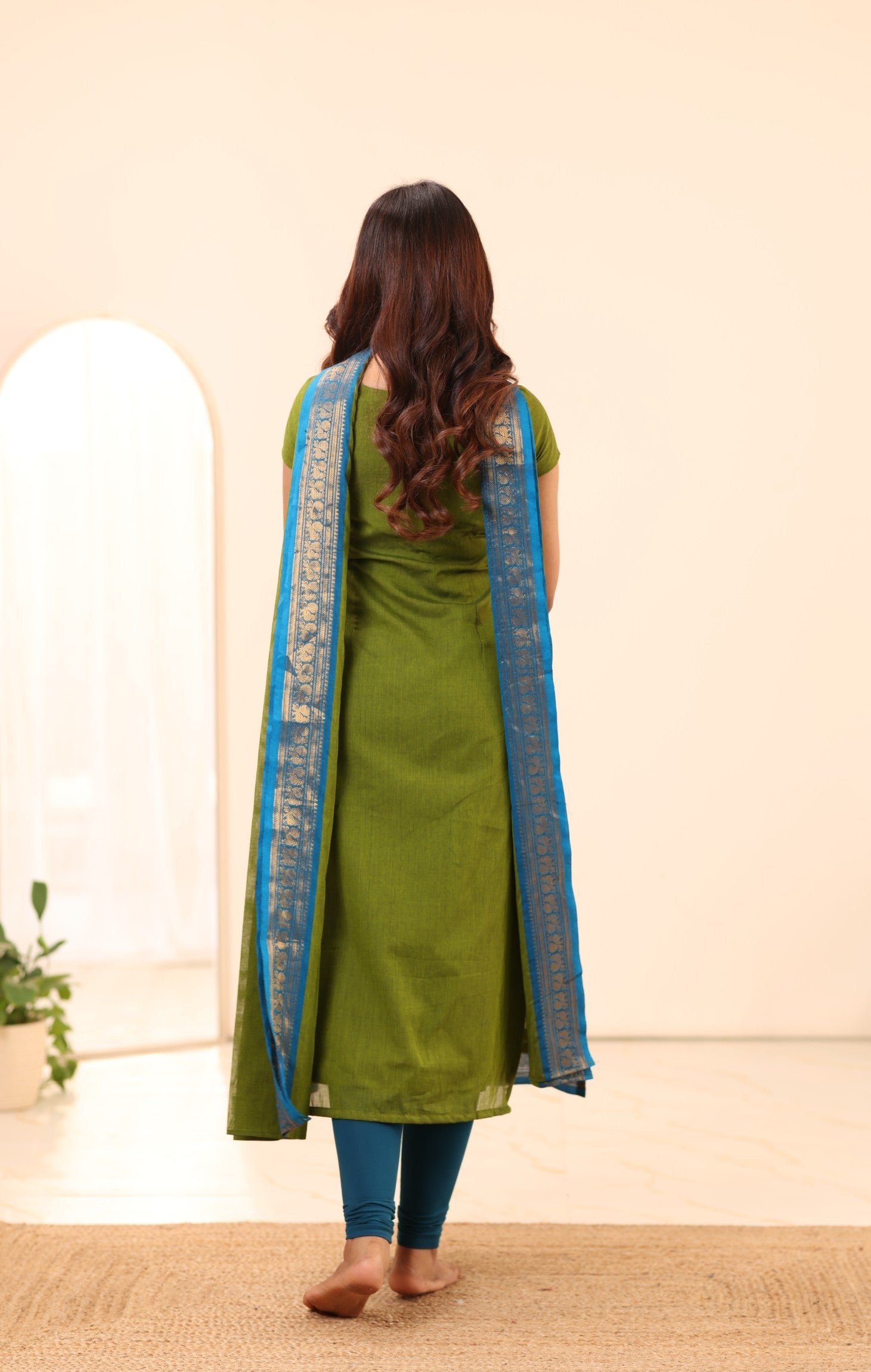 Olive Green with Turquoise Blue Chettinad Cotton Top and Dupatta