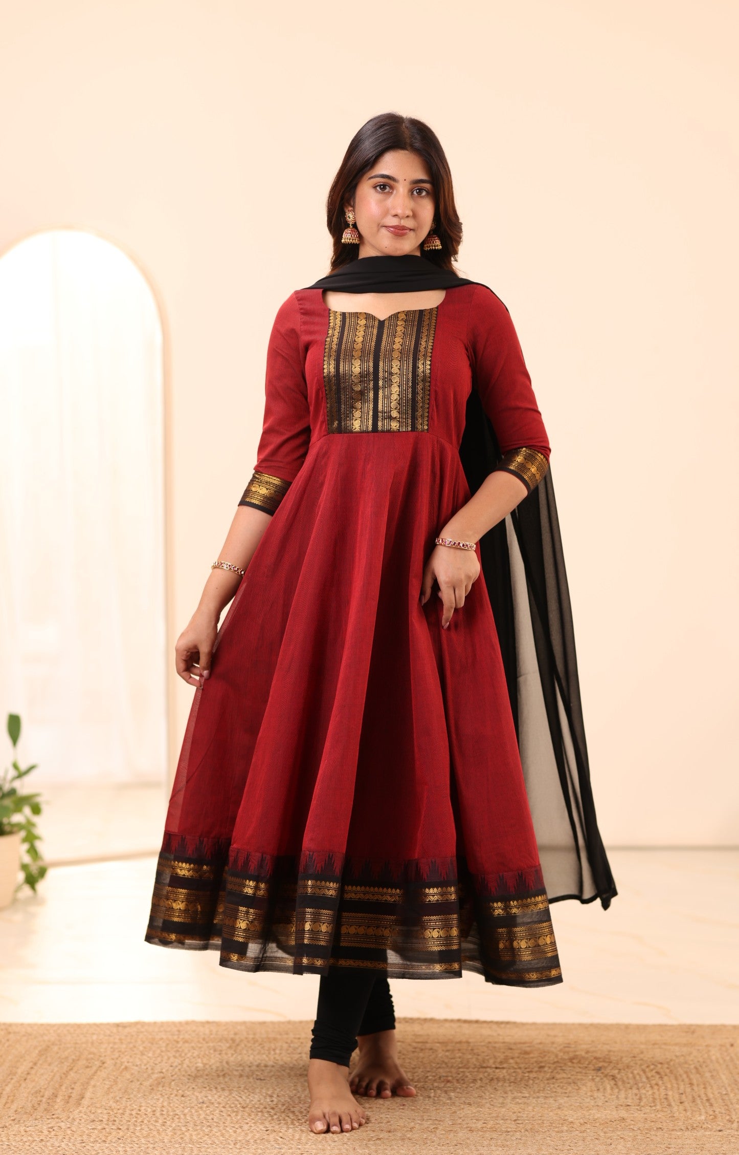 Maroon and Black Chettinad Cotton Anarkali Top and Dupatta