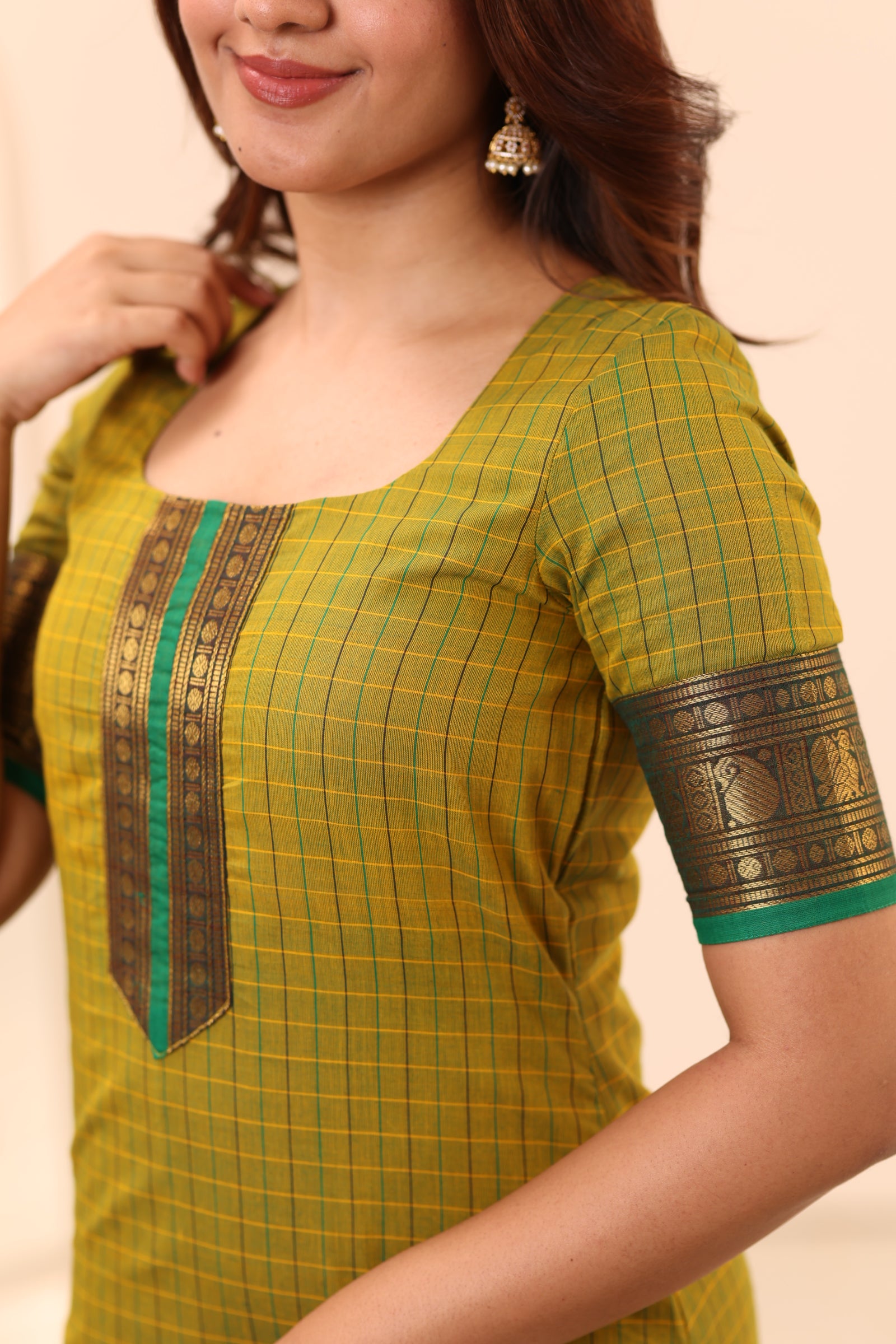 Olive Green with Turquoise Chettinad Cotton Top and Dupatta