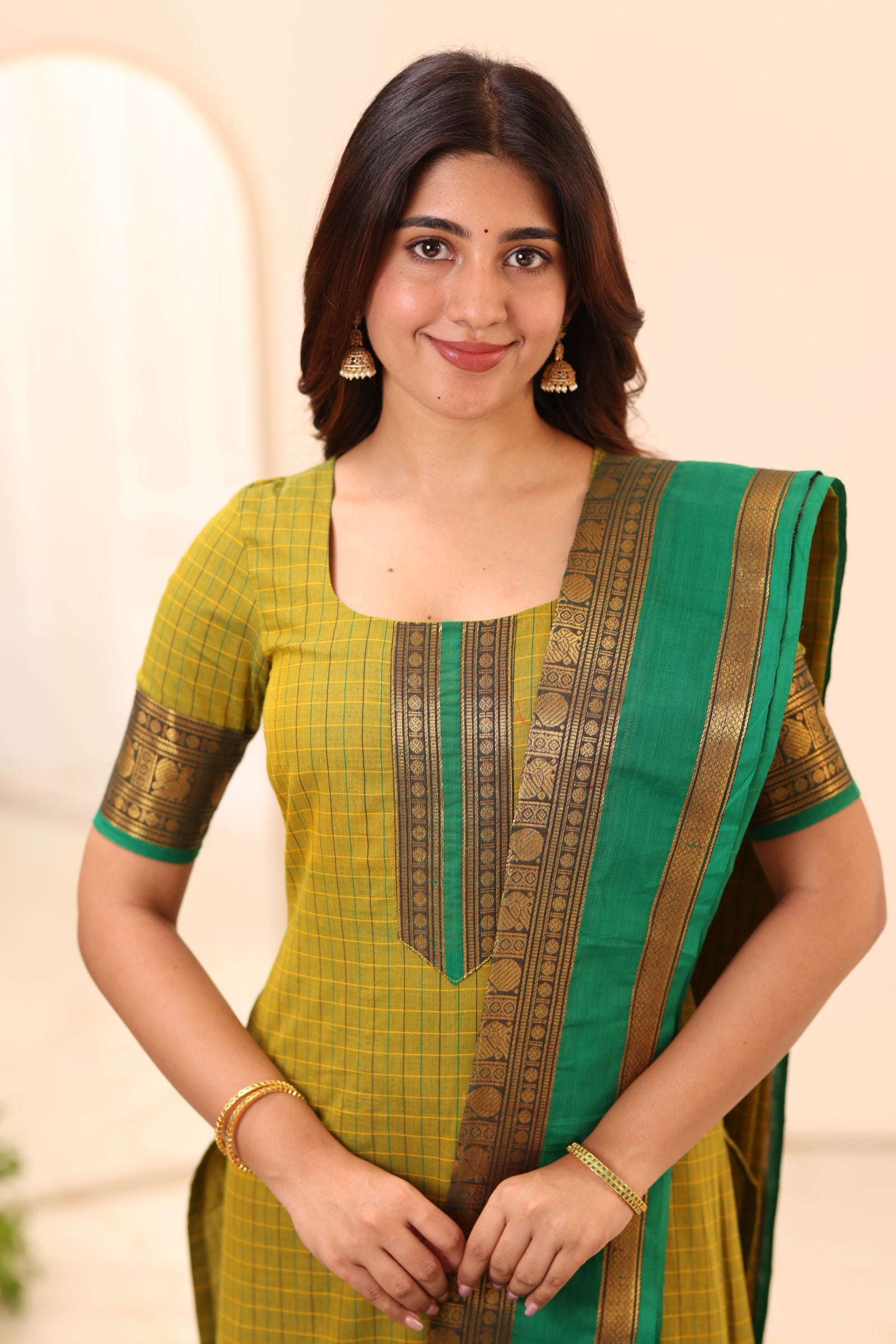 Olive Green with Turquoise Chettinad Cotton Top and Dupatta