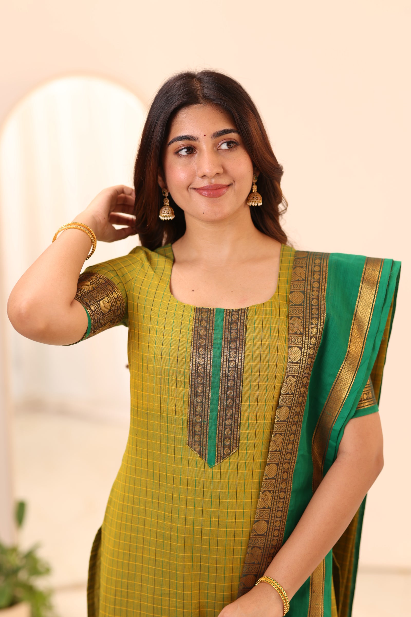 Olive Green with Turquoise Chettinad Cotton Top and Dupatta