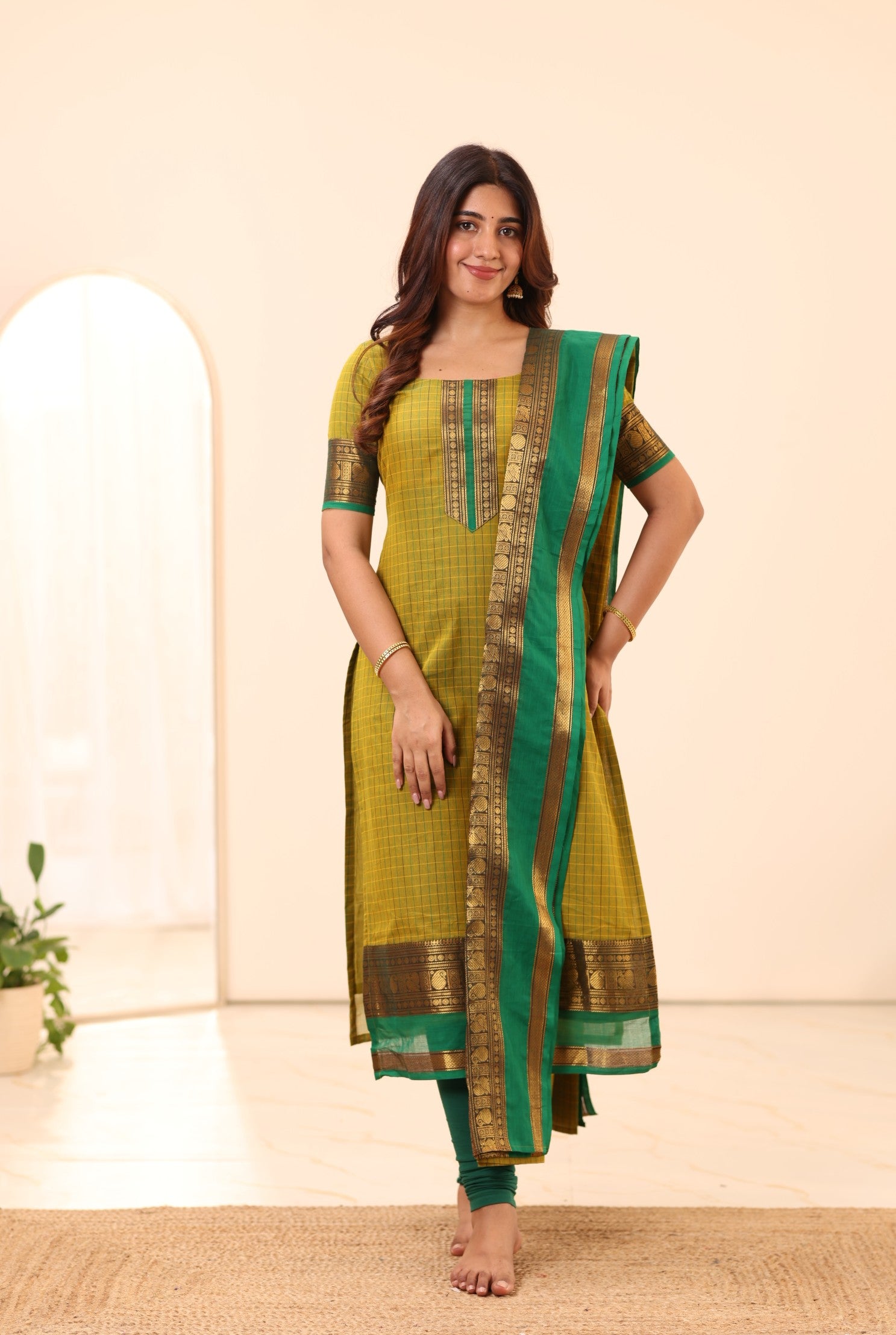 Olive Green with Turquoise Chettinad Cotton Top and Dupatta