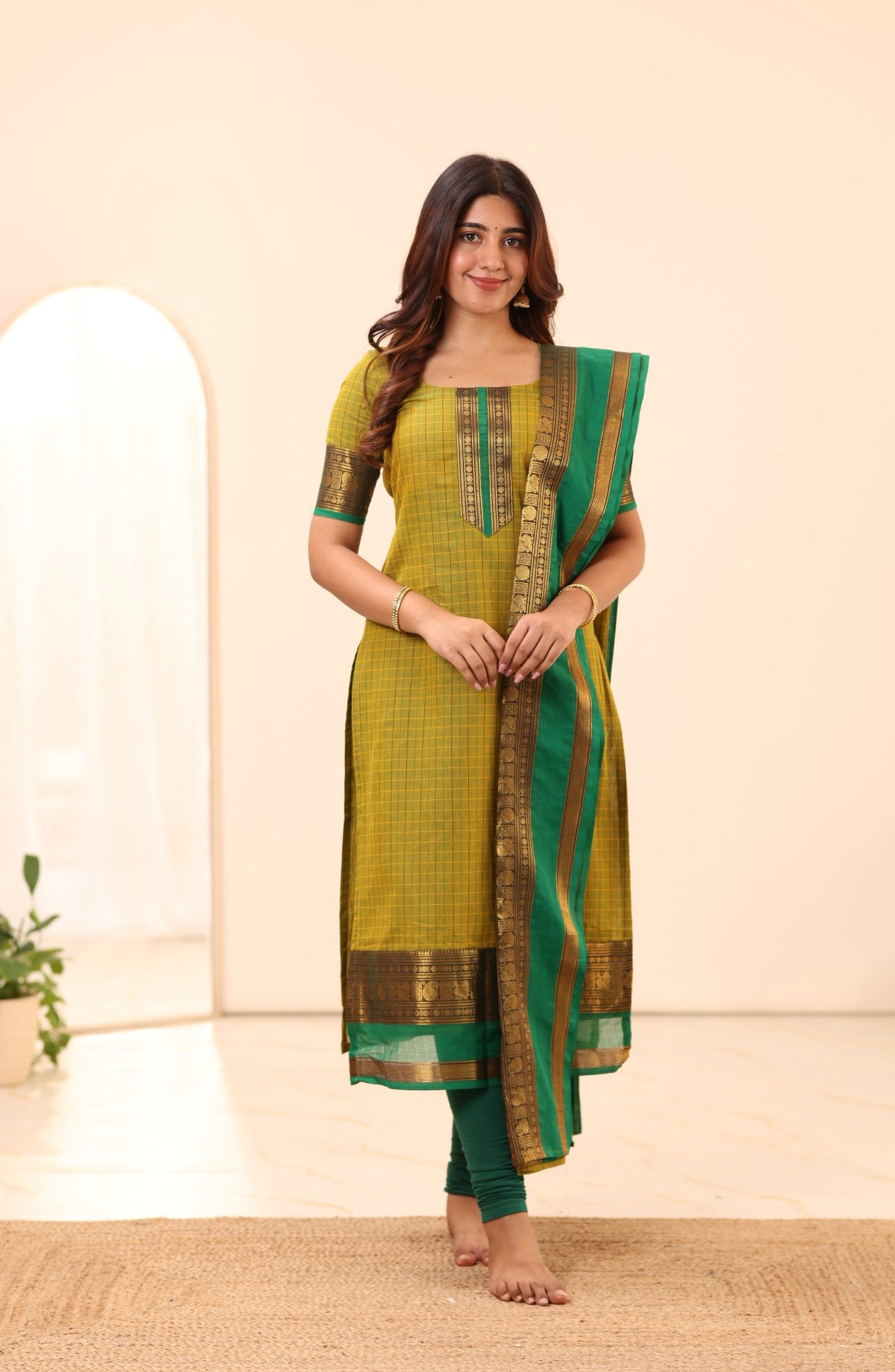 Olive Green with Turquoise Chettinad Cotton Top and Dupatta