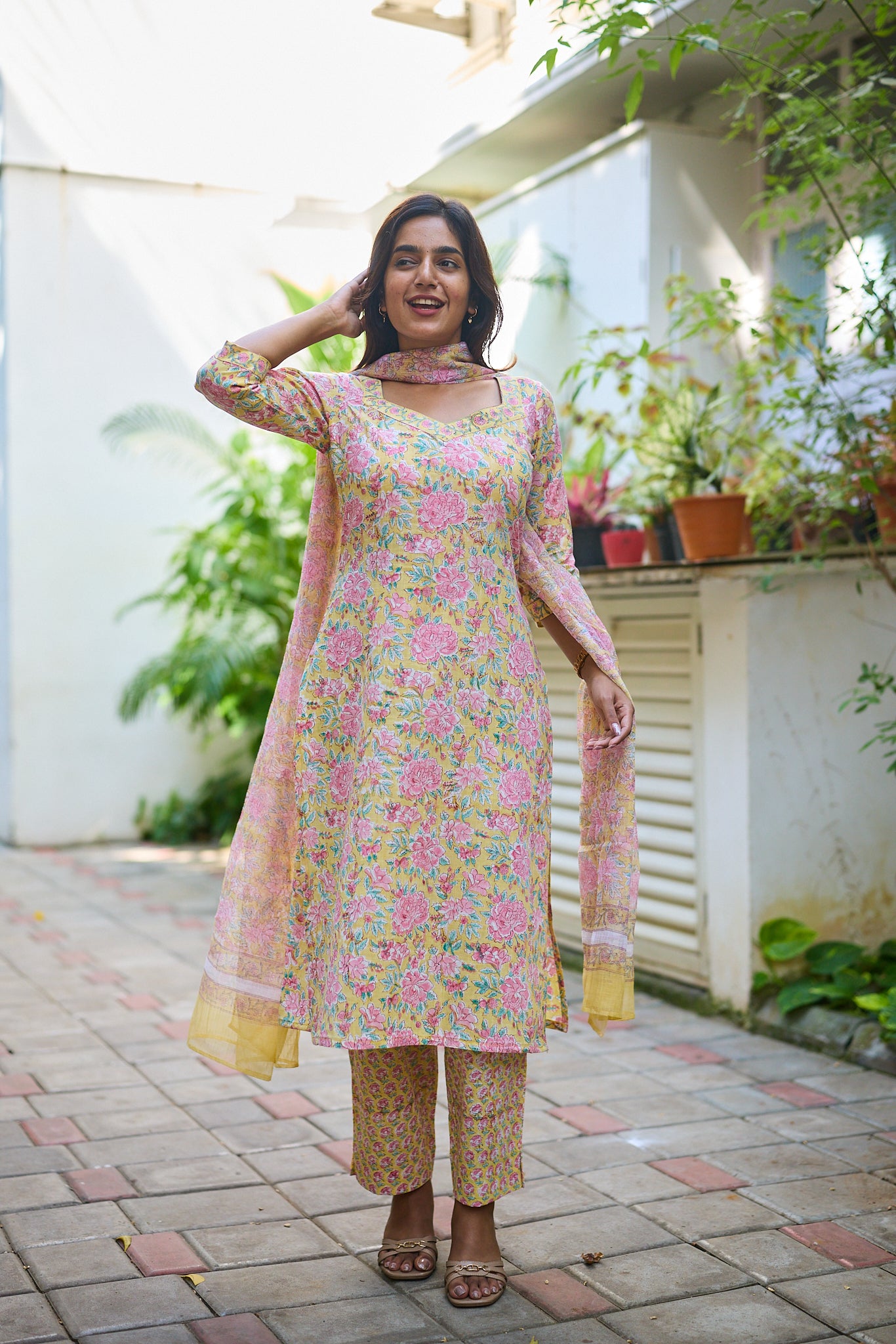 Light Canary Yellow with Pink Floral-block Print Cotton Salwar Suit Set with Kota dupatta