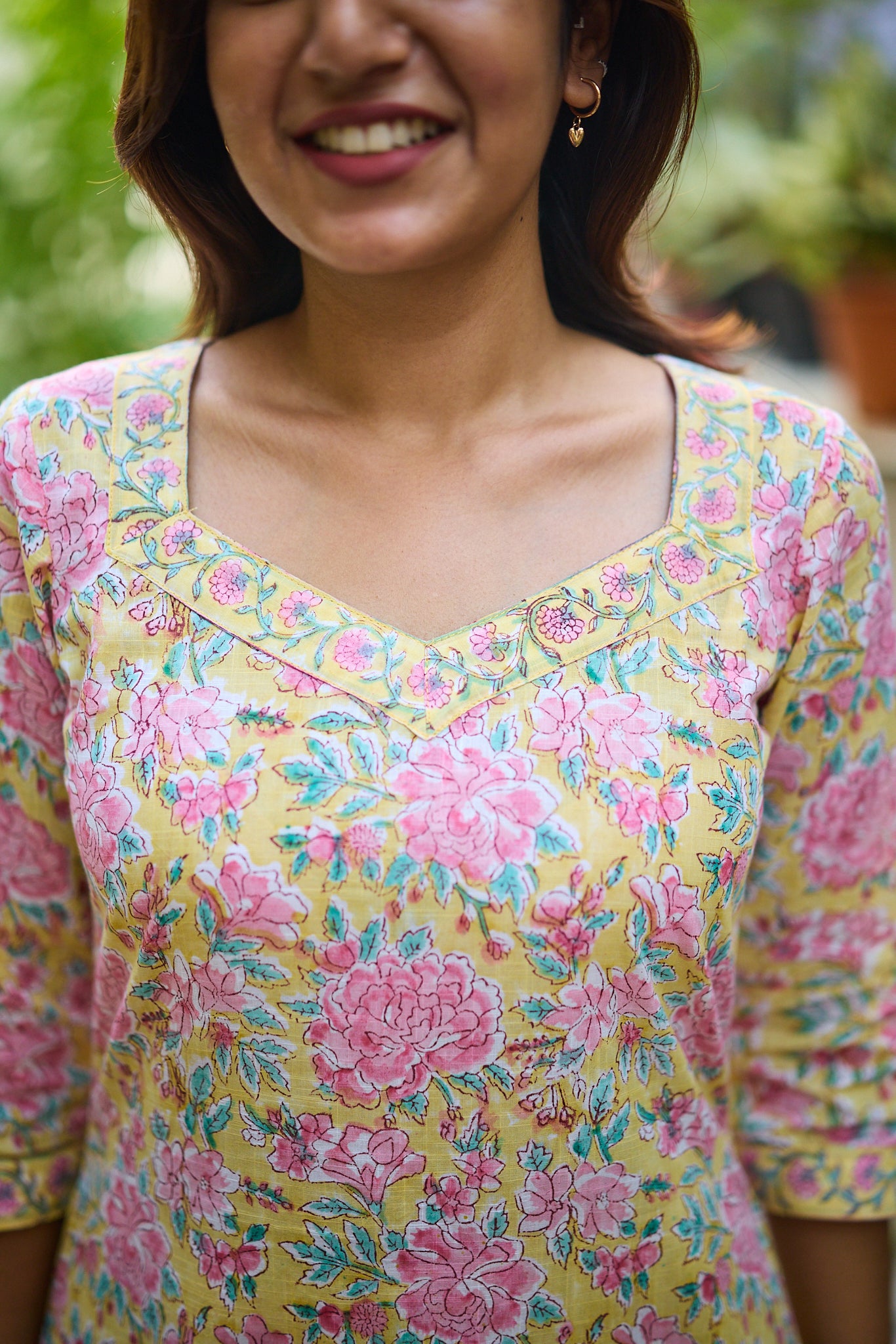 Light Canary Yellow with Pink Floral-block Print Cotton Salwar Suit Set with Kota dupatta