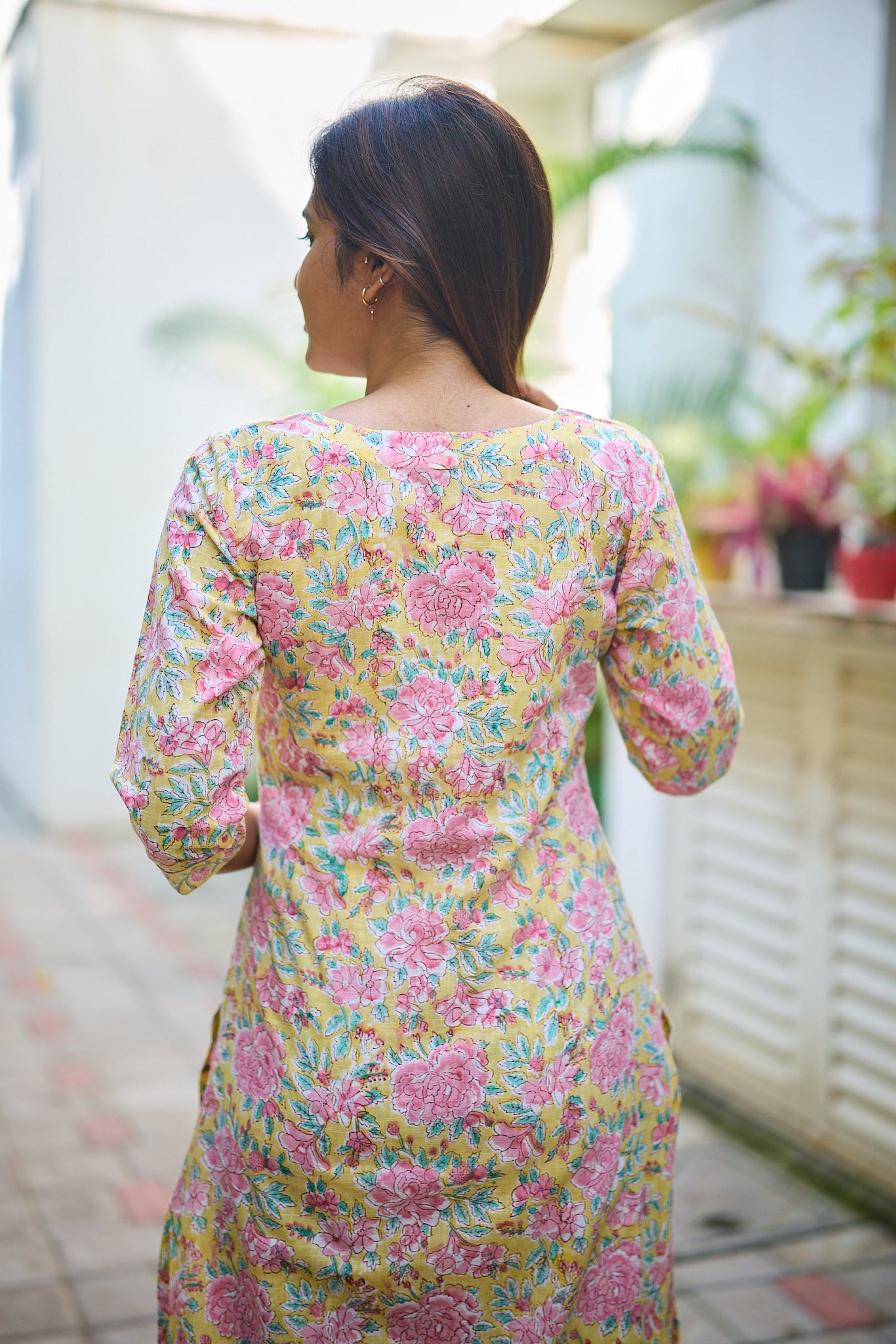 Light Canary Yellow with Pink Floral-block Print Cotton Salwar Suit Set with Kota dupatta