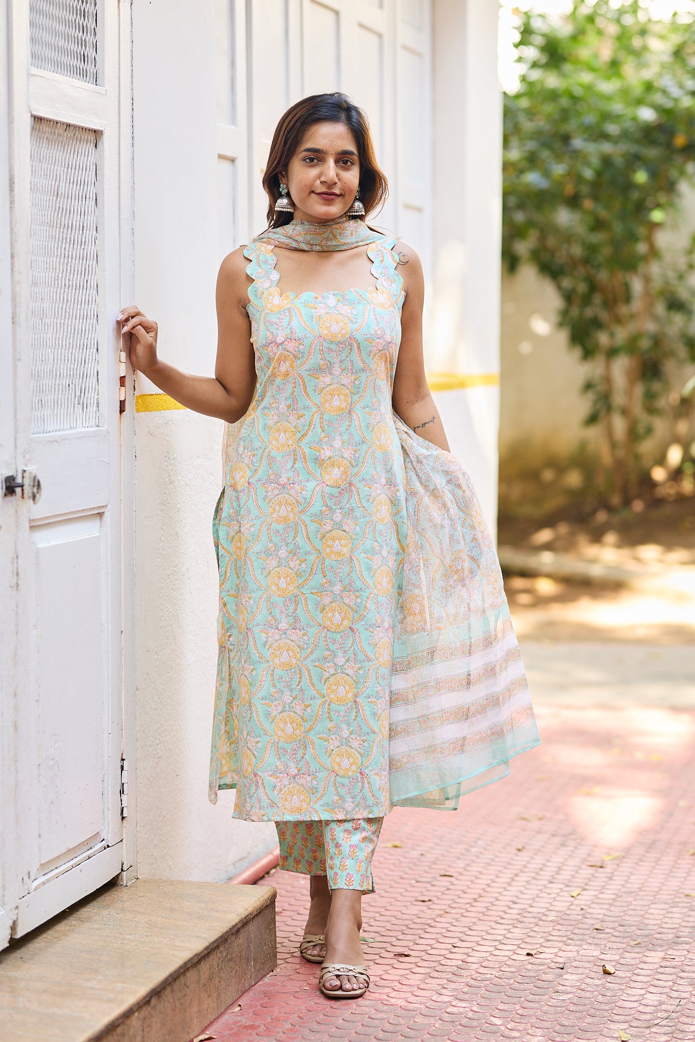 Aqua Pastel Mint Floral Block Printed Cotton Salwar Suit Set with Kota Dupatta