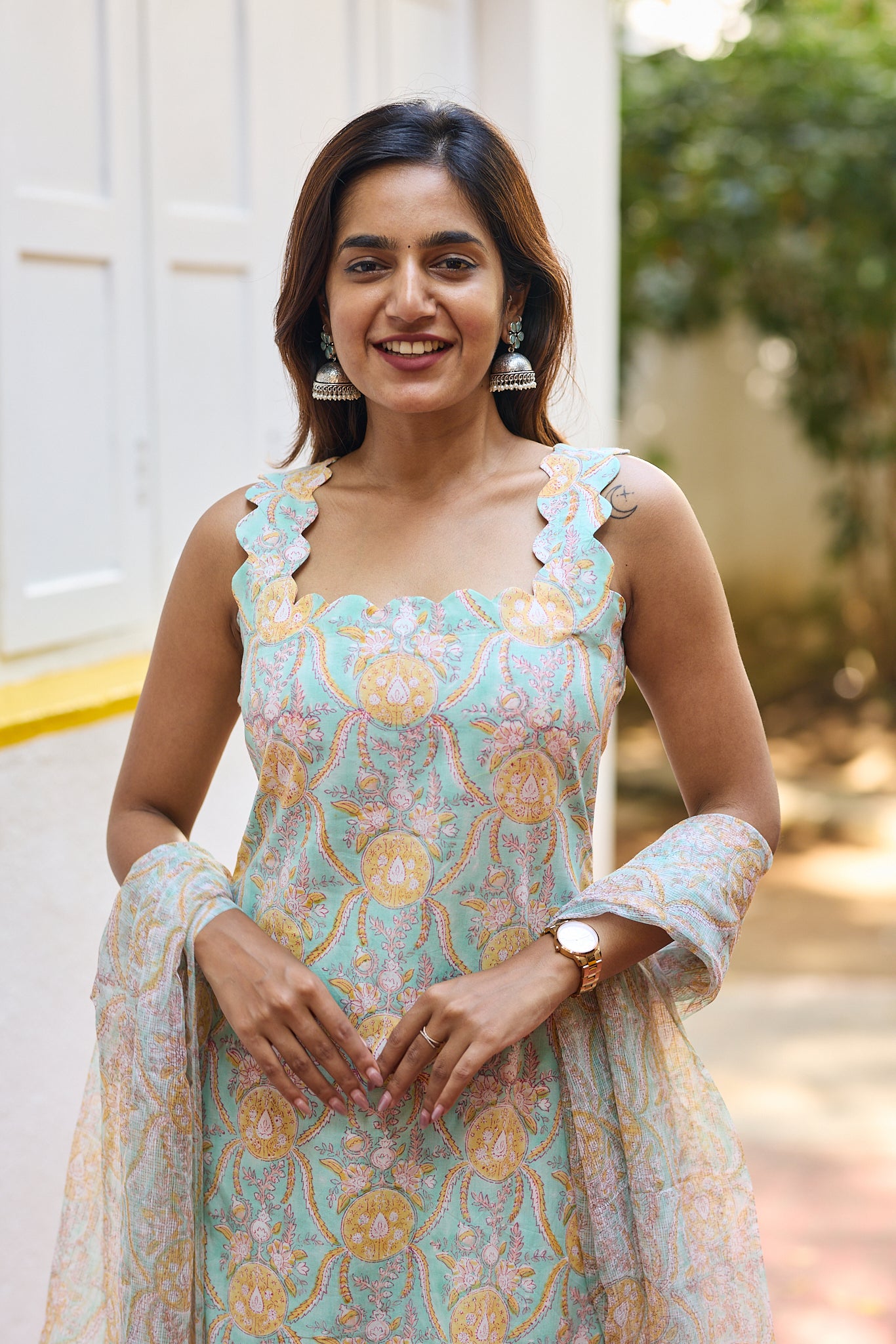 Aqua Pastel Mint Floral Block Printed Cotton Salwar Suit Set with Kota Dupatta