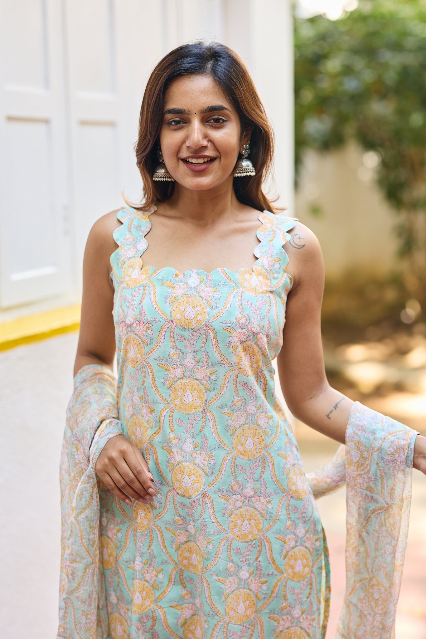 Aqua Pastel Mint Floral Block Printed Cotton Salwar Suit Set with Kota Dupatta