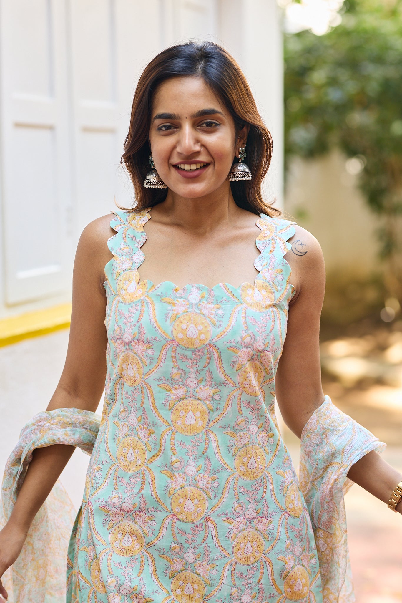 Aqua Pastel Mint Floral Block Printed Cotton Salwar Suit Set with Kota Dupatta