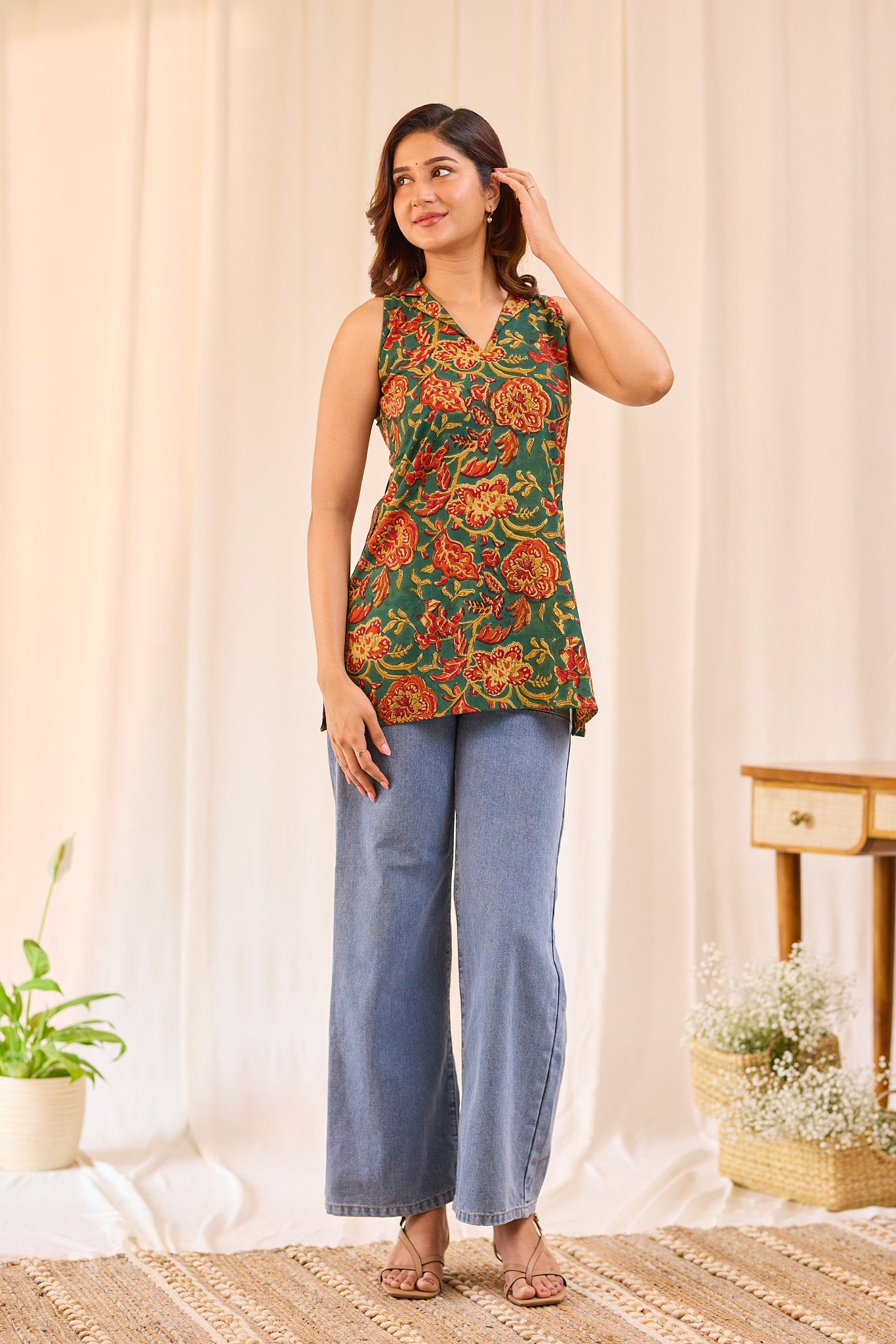 Floral Dark Green printed Sleeveless Short Kurti