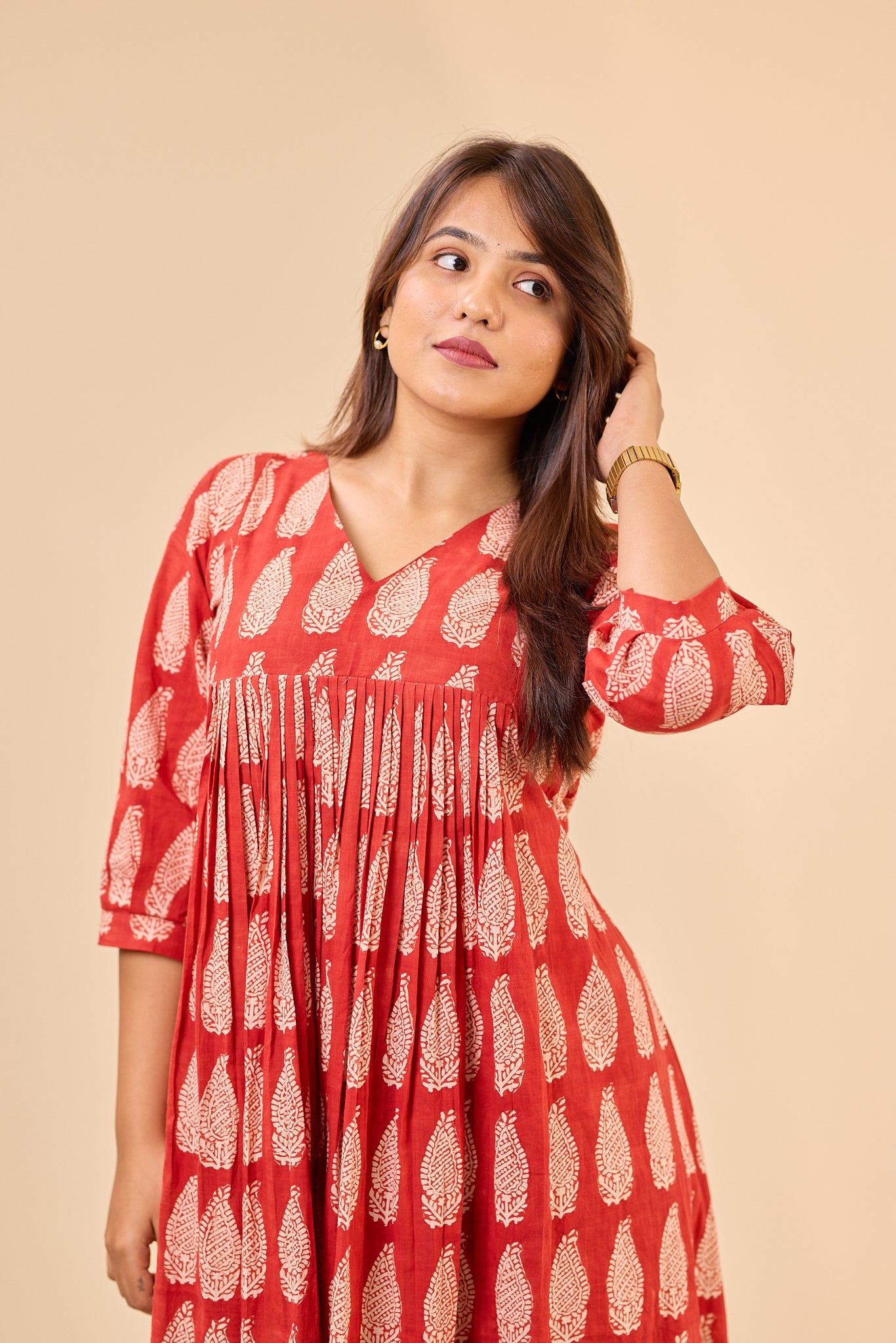 Maroon Bagru Handblock Printed Flared Loose Fit Kurti
