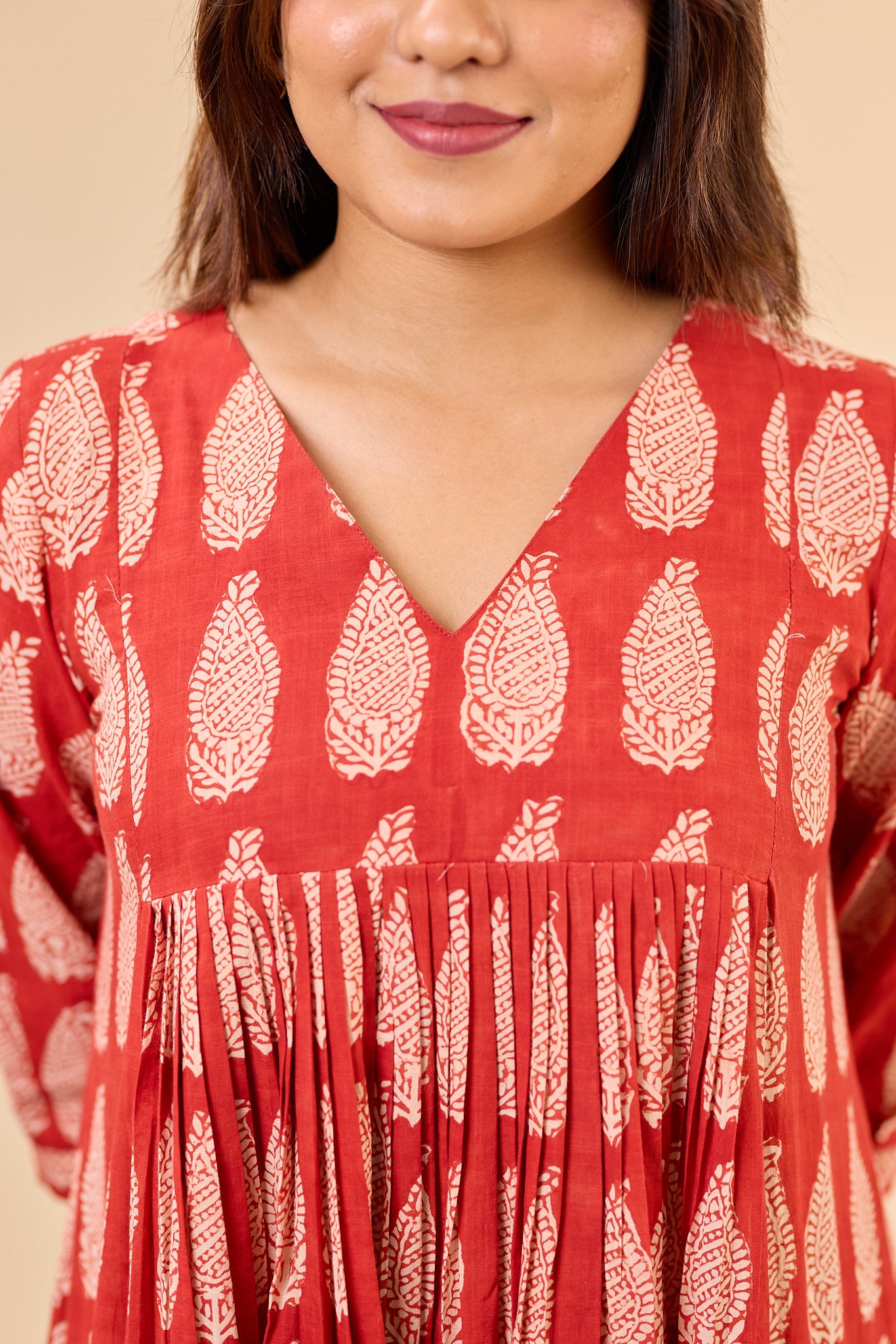 Maroon Bagru Handblock Printed Flared Loose Fit Kurti