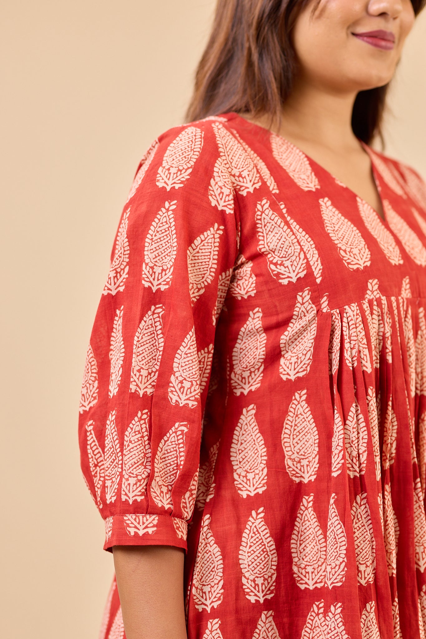 Maroon Bagru Handblock Printed Flared Loose Fit Kurti