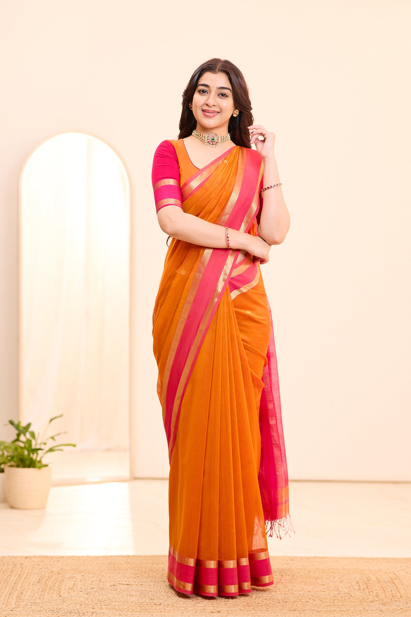 Sunset Orange Maheshwari Silk Cotton Saree