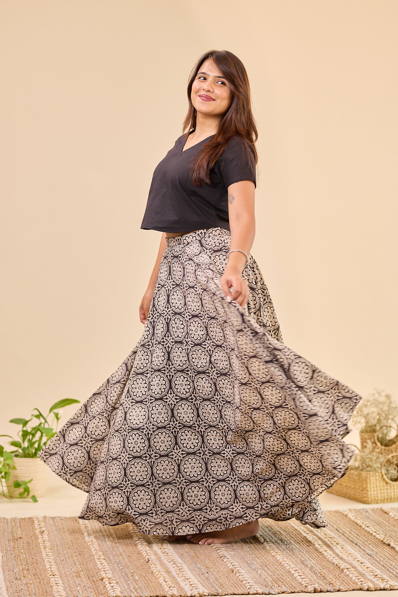 Black Bagru Hand - Block Printed Flared Skirt