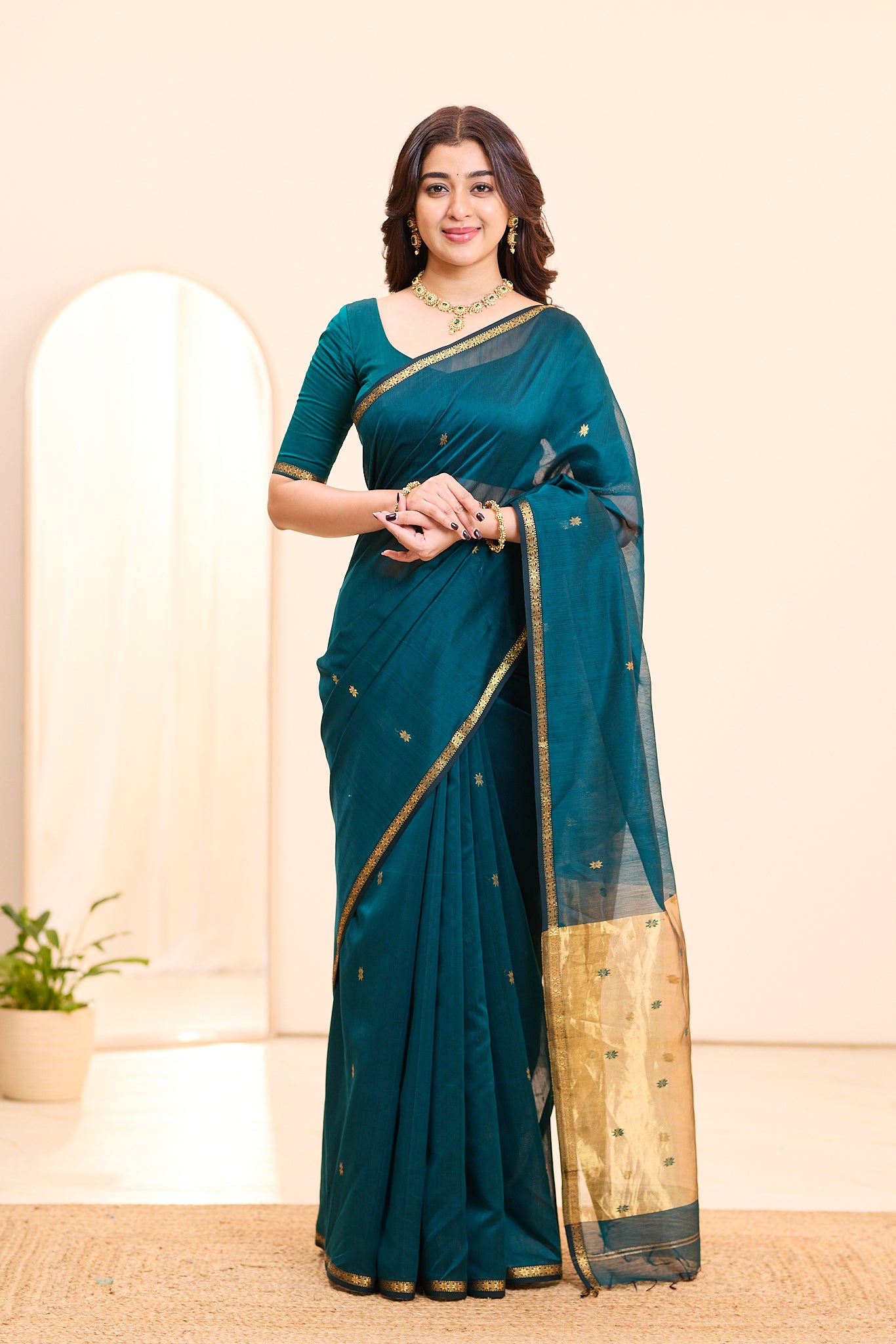 Deep Teal with Antique Gold Maheshwari Silk Cotton Saree