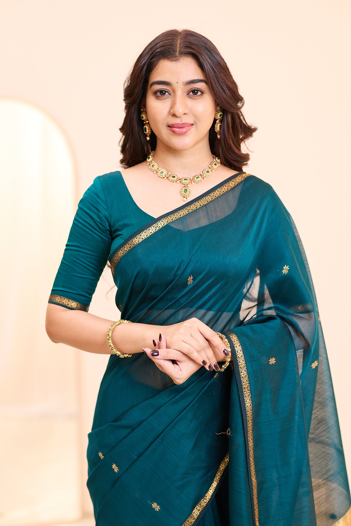 Deep Teal with Antique Gold Maheshwari Silk Cotton Saree