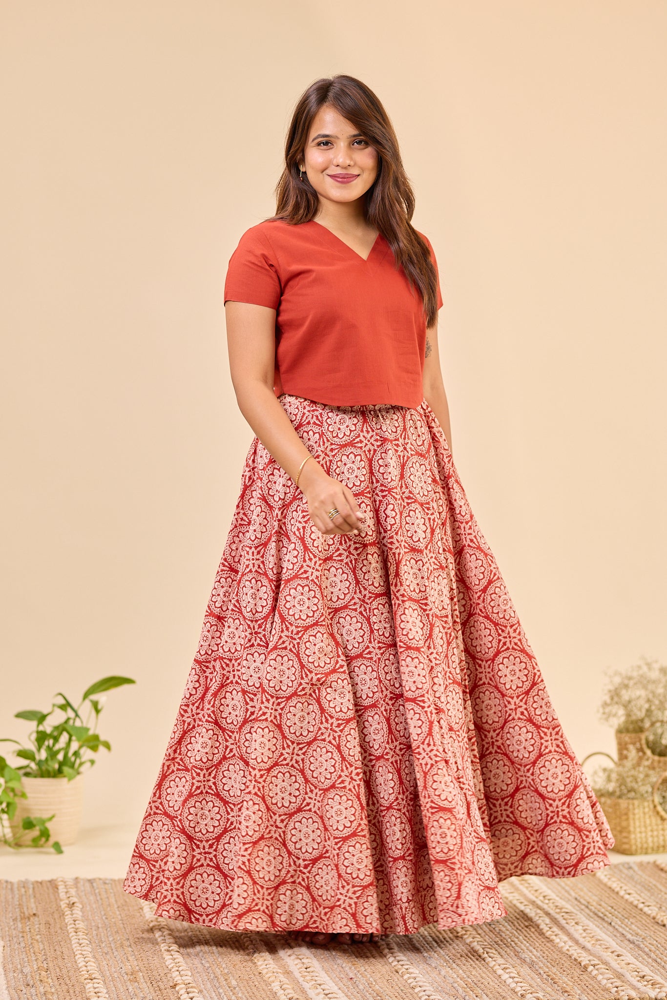 Maroon - Hand Block Printed Flared Skirt