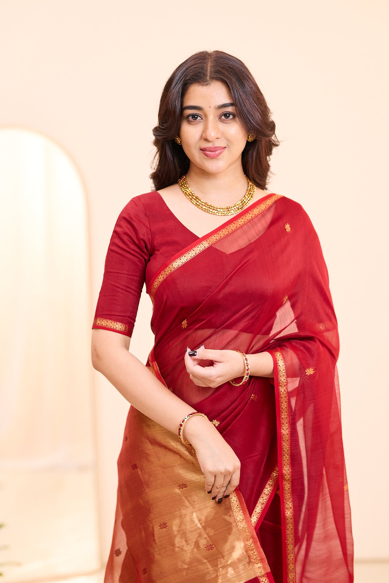 Burgundy Red with Antique Gold Maheshwari Silk Cotton Saree