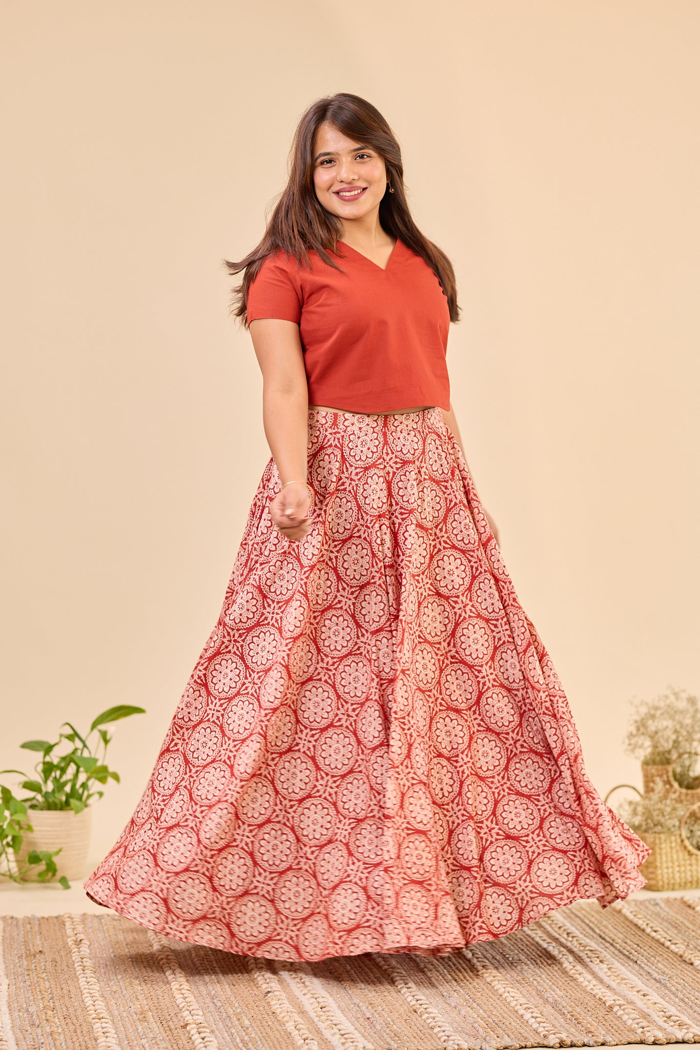 Maroon - Hand Block Printed Flared Skirt