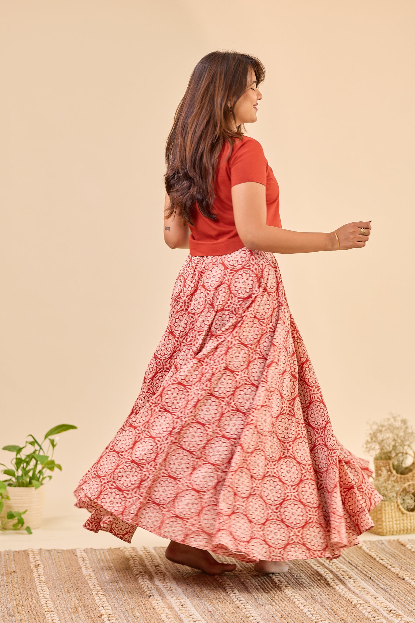 Maroon - Hand Block Printed Flared Skirt