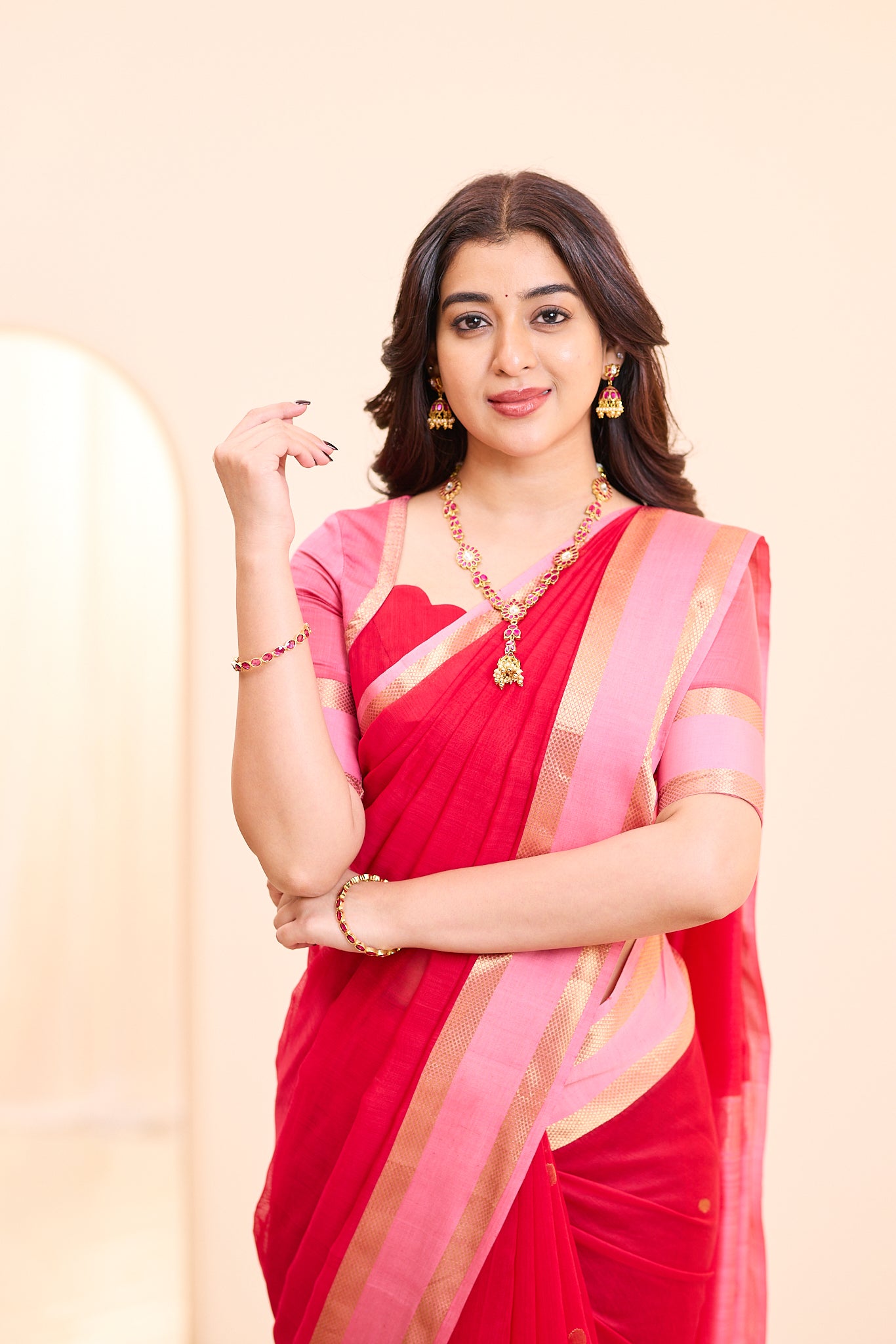 Rosewood Red Maheshwari Silk Cotton Saree